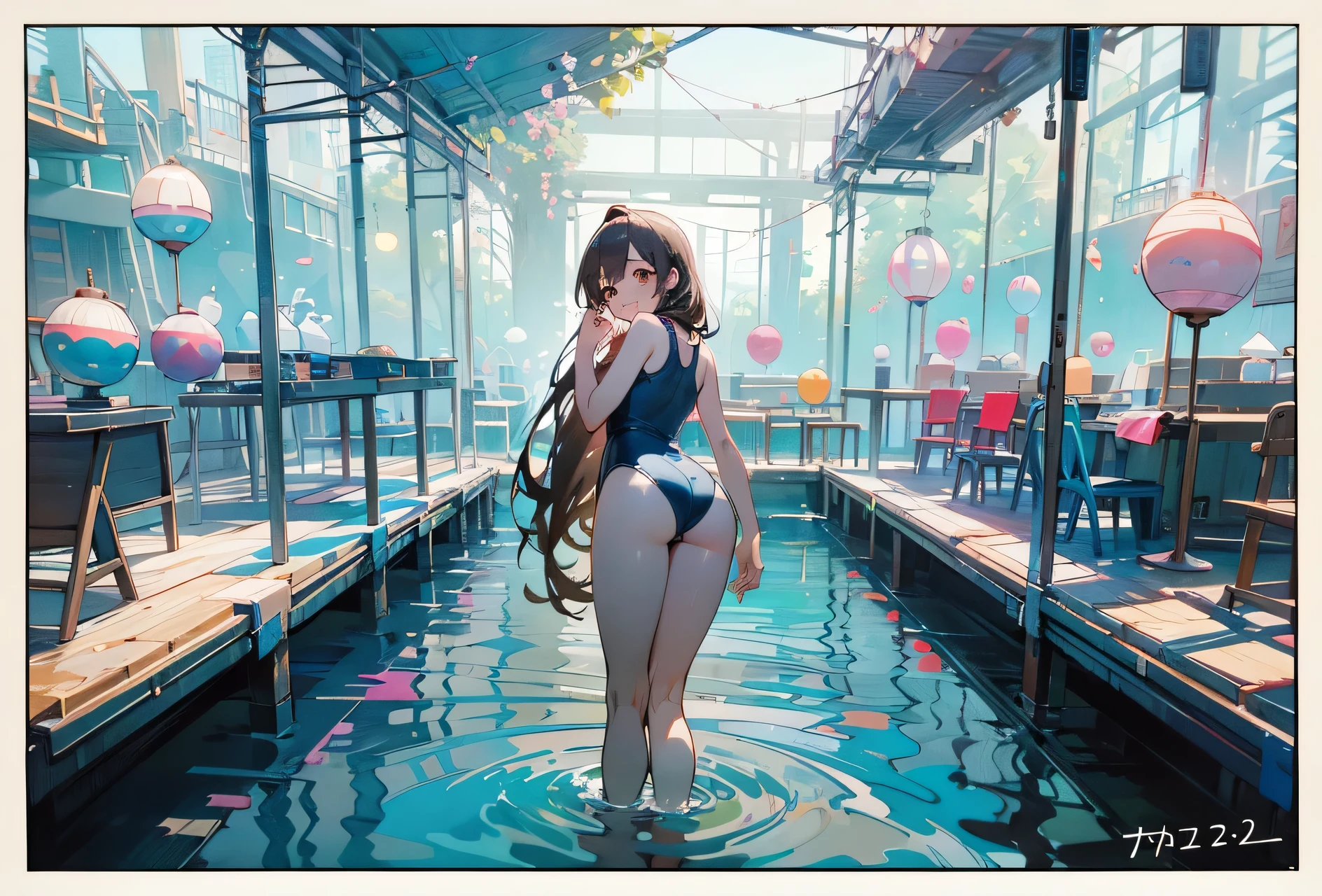 National Science Foundation、(1 girl、(shiny skin:1.2)、solo, long hair pink、ahog、brown eyes、smile slightly、beautiful face, cute trumpet, A slender one, Navy blue one-piece swimsuit、school swimsuit, from below, look at the audience, sloping shoulders, thighs thighs thighs thighs, Lively ass、delicate eyes、sharp pupils、realistic student、beach)、dynamic lighting、dramatic lighting、simple background、Dull light blue background
