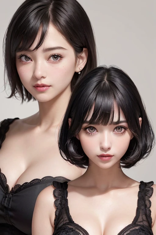 Masterpiece,best quality,solo, one beautiful Japanese girl,, smiling gently,(black eyes,large eyes, half-open eyes, eyelids half-closed, glazed over, slanting eyes.:1.5),(black soft hair,bob cut,straight bangs,:1.5),(plain background:1.2)