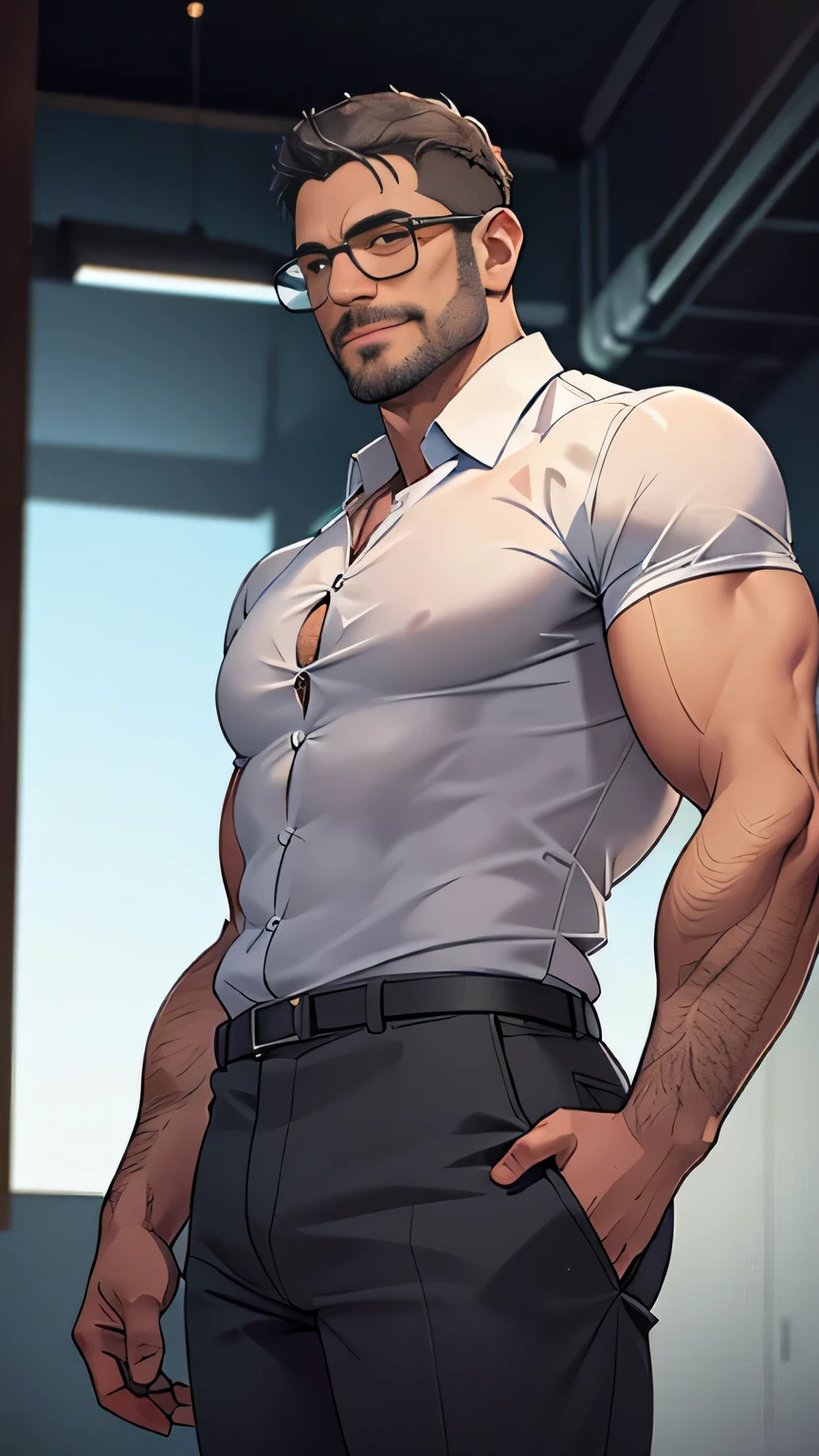 An award-winning original photo，A wild muscular man, (40 years old daddy:1.1), 1man, Solo, employee, (putting on a white dressshirt, black trouser), gray hair, (big shoulder), musculature, stubbles, Short beard, wearing glasses, smiles, Dynamic Angle, volumetric lighting, (Best quality, A high resolution, Photorealistic), Cinematic lighting, Masterpiece, RAW photo, Intricate details, hdr, depth of field, from below