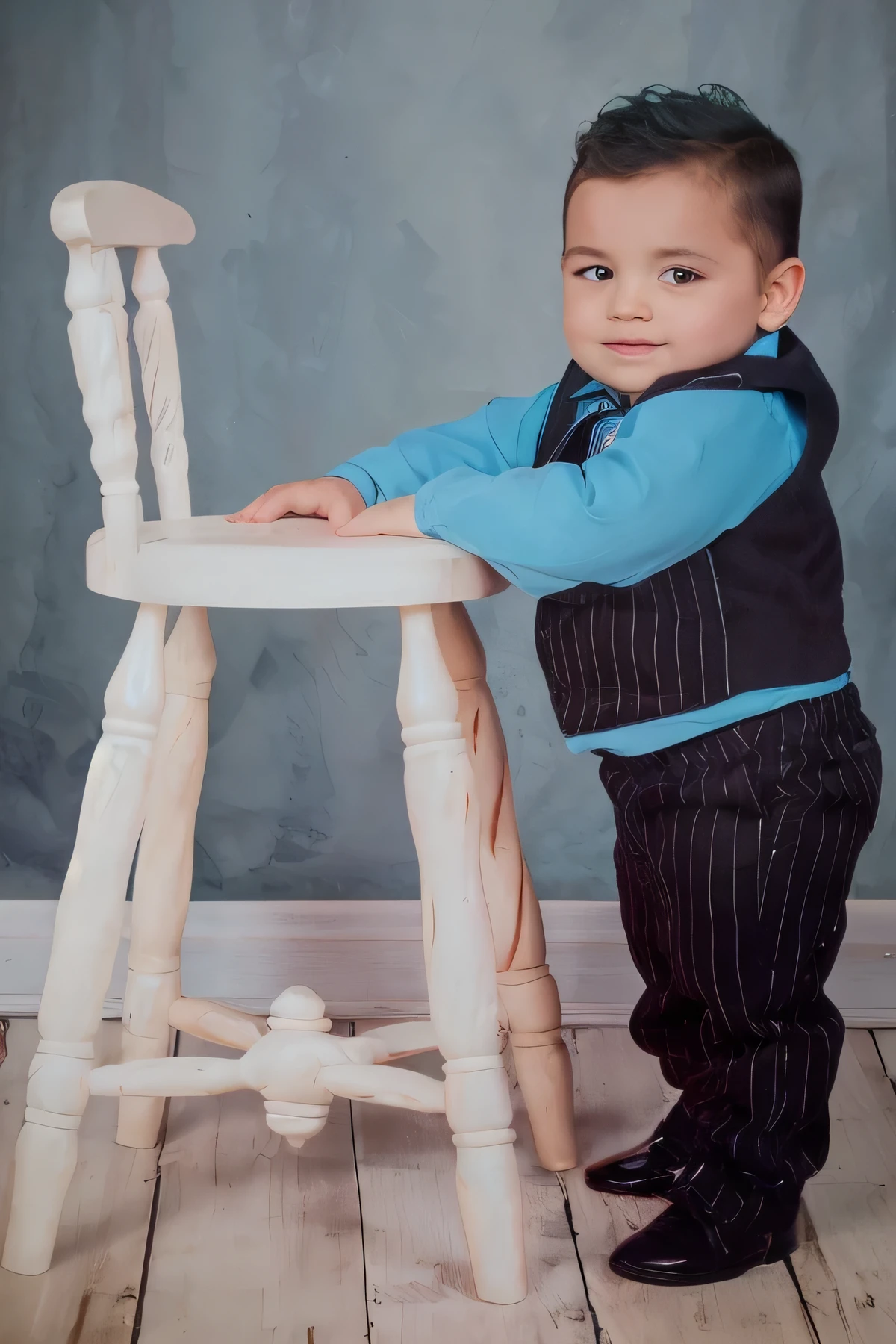 there is a boy standing next to a wooden chair, retrato de cuerpo entero, alejandro, sentado en un taburete, retrato de estudio en color, full body photography, full body photography, retrato formal, sentado en su trona, retocado profesionalmente, color portrait photography, sentado en una silla de madera, studio photography portrait, Four years old, tiro de cuerpo completo y cabeza