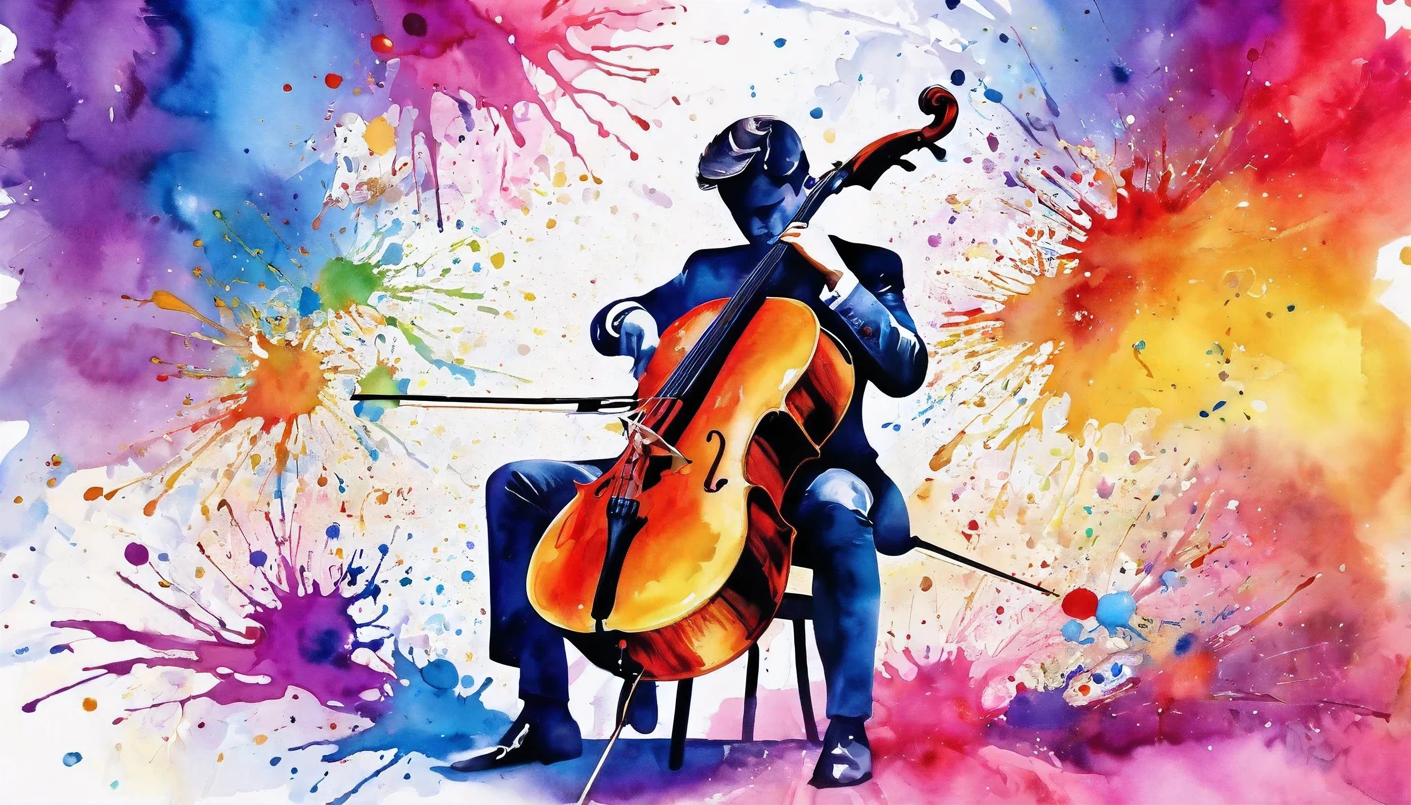 The entire cello is visibl,Ensure sufficient margin,bright hues,cello,beautiful oval shape,watercolor painting style, There is white space,splash of color, the best ever, colour splash, * colour splash *, colorful watercolor painting, watercolor detailed art, water color splash, colourful artwork, colorful scene, colourful explosion, colorful splatters, digital artwork, vibrant watercolor painting, color explosion, artistic illustration