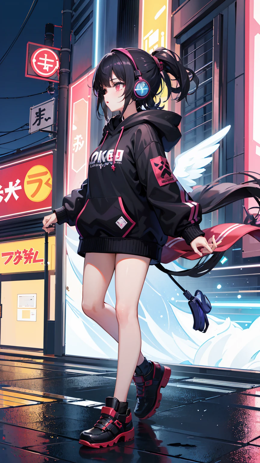 (masterpiece), (highest quality:1.4), (ultra high resolution:1.2), super detailed background, (unity 8k wallpaper),Shibuya Ward、city pop、(headphones:1.2)、masterpiece, (anime girl alone:1.3), incredibly absurd, hoodie,pedestrian crossing, outdoor, rain, Tokyo, neon light.high school girl、profile、whole body、black hair