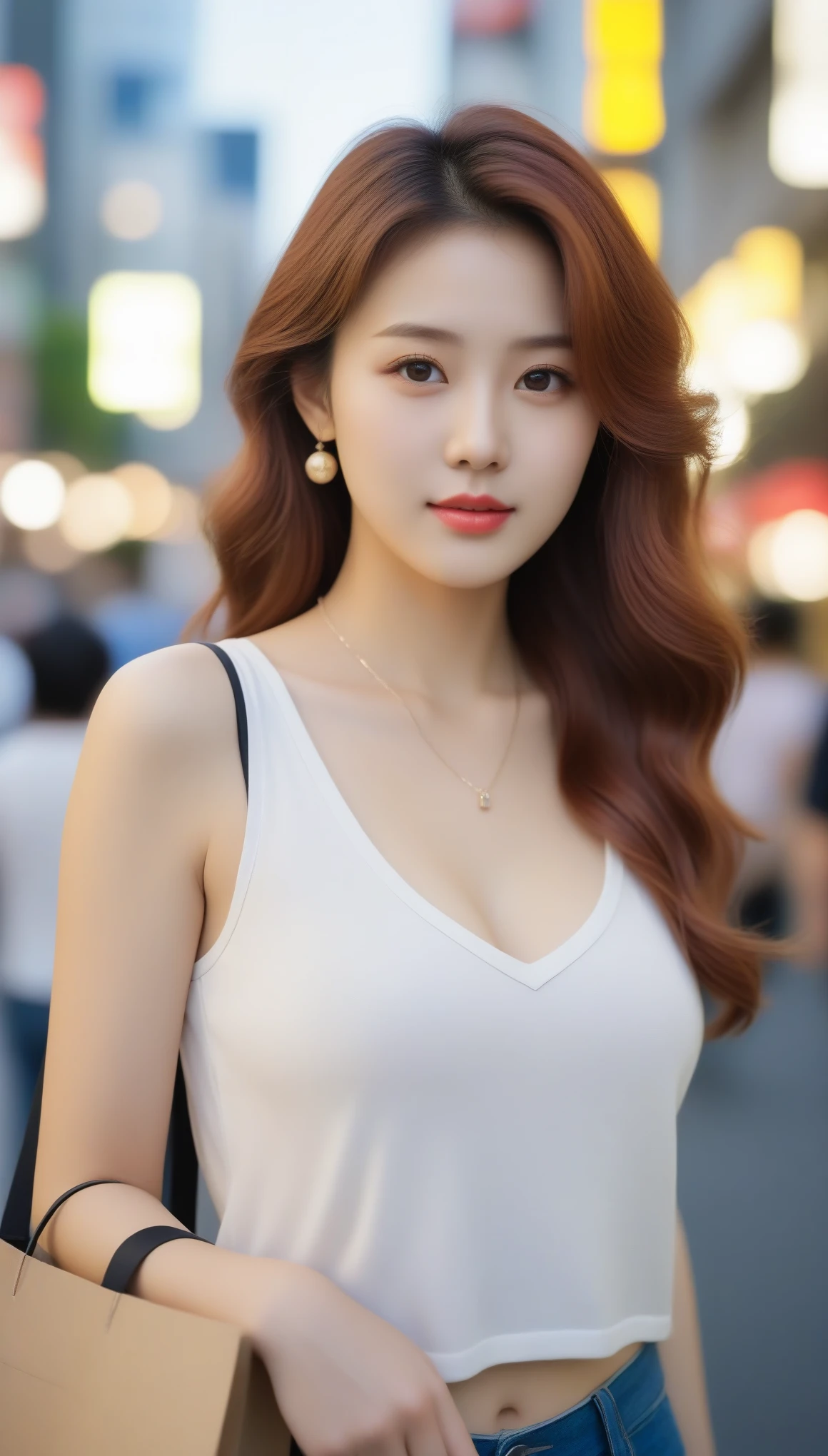close-up of beautiful beautiful korean female, 34 inch breasts size, red wavy hair, wearing rolled sleeves t-shirt, bokeh background ,UHD