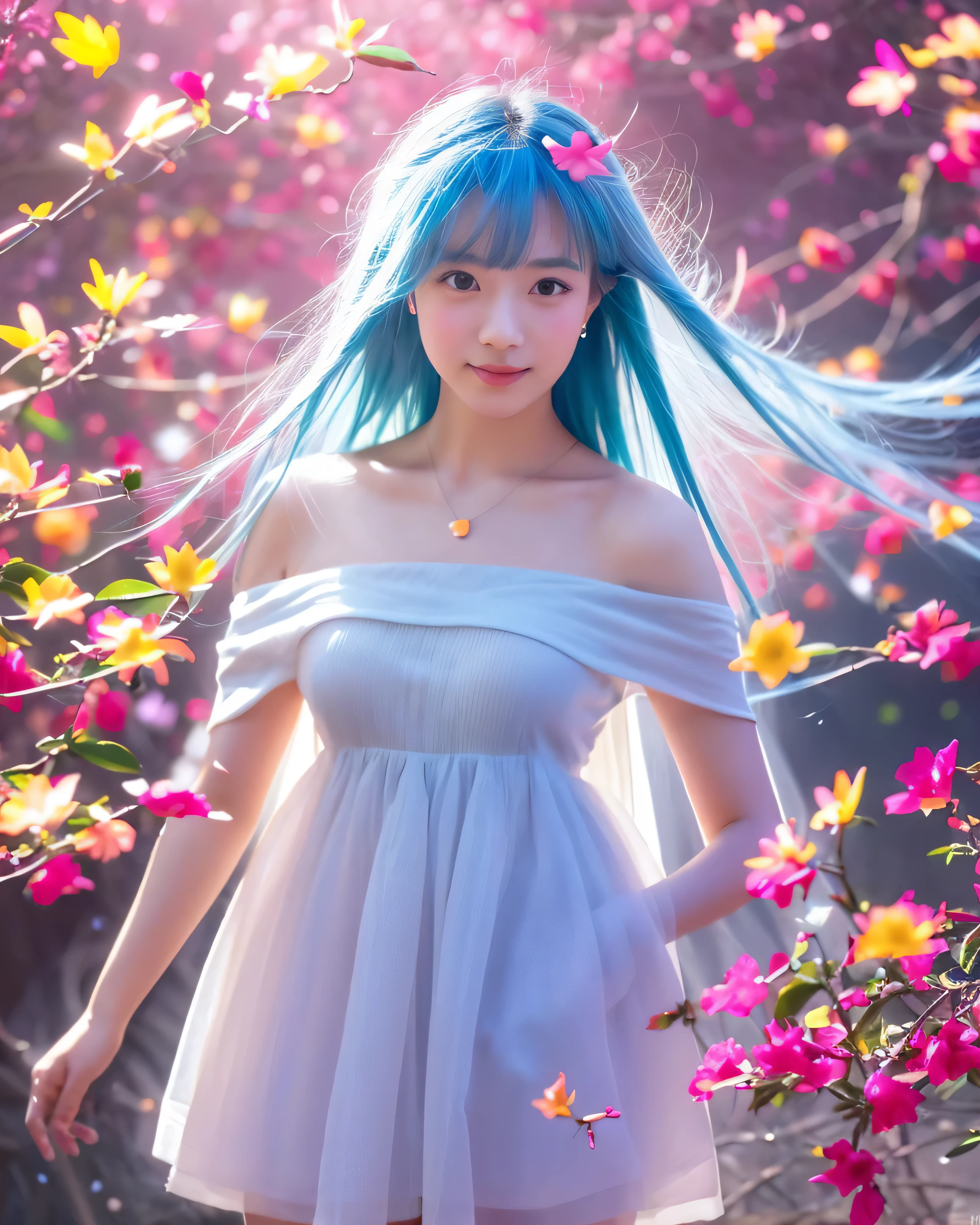 (highest quality, 32k, High resolution, masterpiece:1.5,), Haunting fantasy portrait in abstract style, ((In a swirl of fantastic pastel colors and soft light)), Evoking a sense of soothing tranquility and elusive beauty, Award-winning masterpiece with amazing details, cute japanese woman, perfect human anatomy, big magical eyes, gentle smile, ((shiny baby blue hair)), Beautifully styled long straight hair, Beautiful asymmetrical bangs, hair between eyes, smooth and soft skin, natural makeup, Thin and slightly raised eyebrows, clear double eyelids, pale pink lips, ((white see-through dress, off shoulder, The absolute realm of miniskirts)), High resolution perfect clavicle, Beautiful chest in high resolution, Slender body with plump breasts, ((Colorful sparkling petal effect:1.3)), gentle sunlight, professional lighting, professional photographer, Professional models,mysterious