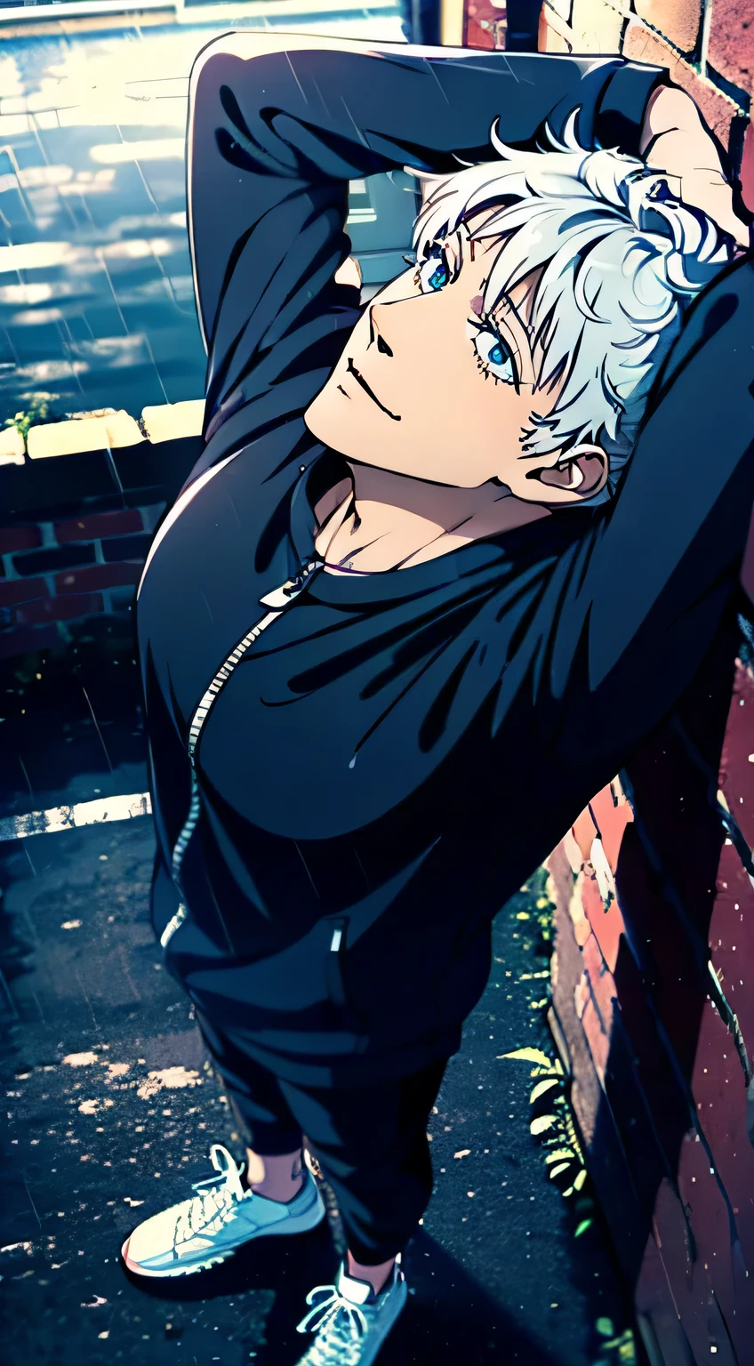 tmasterpiece,Need,ultra high resolution,(with short black hair),Handsome man,Sportswear,athletic sneakers,shorter pants,very heavy rain,(Looking Up The Sky)
