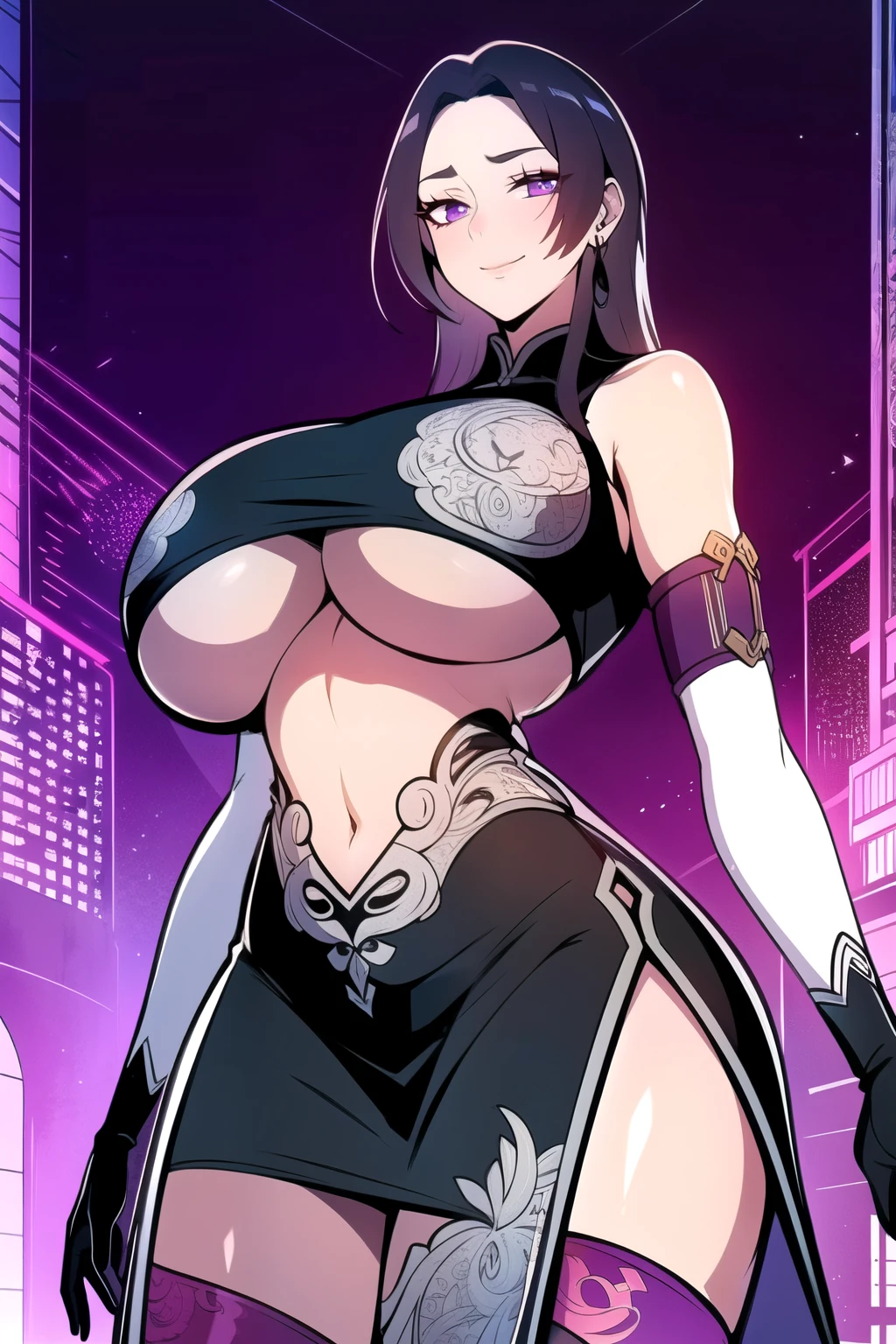ultra realistic 8k cg, masterpiece, (( intricate detail, highly detailed, fine details best quality, hyperdetailed face)), gigantic breasts ,beautiful lighting, absurdres, BoaHancockV2, 1girl, solo, black hair, long hair, jewelry, closed mouth, ), (chinese dress, (underboob : 1.4), elbow gloves, thigh boots, split skirt, bare shoulders, curvy, midriff, curvy, thighs, shiny clothes), violet eyes, complex detailed background, inside, luxury palace), ((cowboy shot)), curvy, (gigantic breasts: 1.1), seductive smile, cowboy shot,