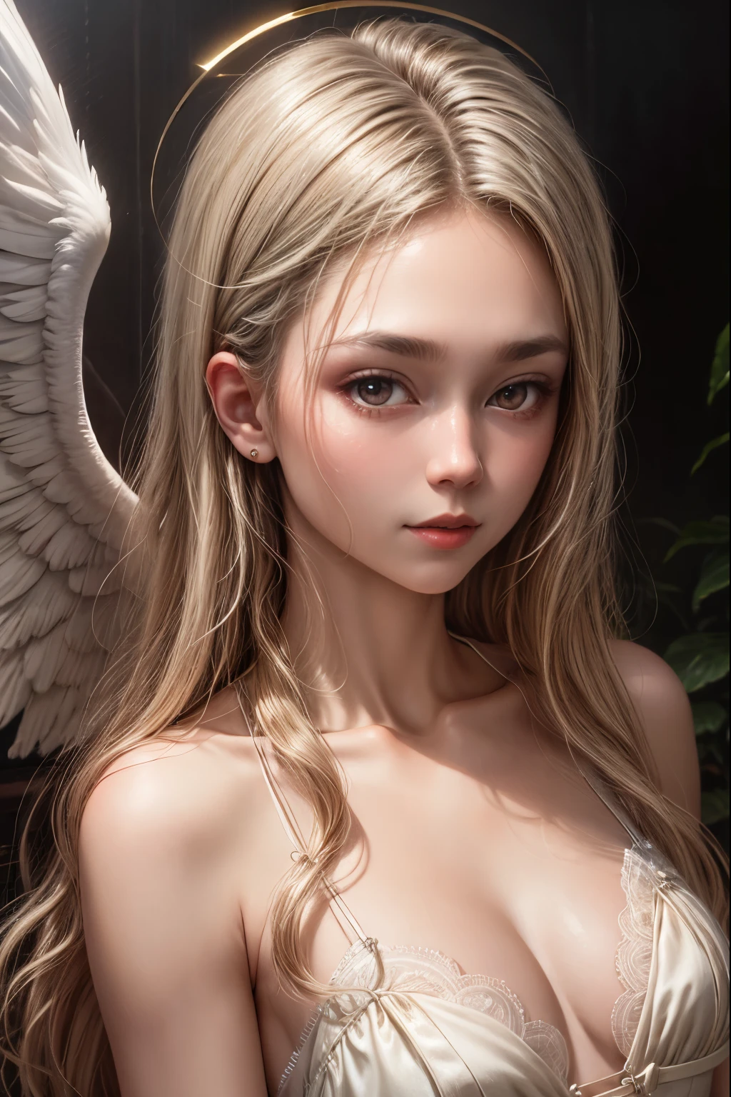 8k, original photo, realistic, (detailed skin, best quality: 1.2), The Fascinating Succubus, (Black Wings), Japanese  girl with black angel wings flying high in the evening sky, ((All nude)), (((flat chest: 1.4))), (bright blonde hair, long straight hair), (Neat face, pale skin), full body shot,  thighs, sunset sky high, sunset light, Looking straight ahead