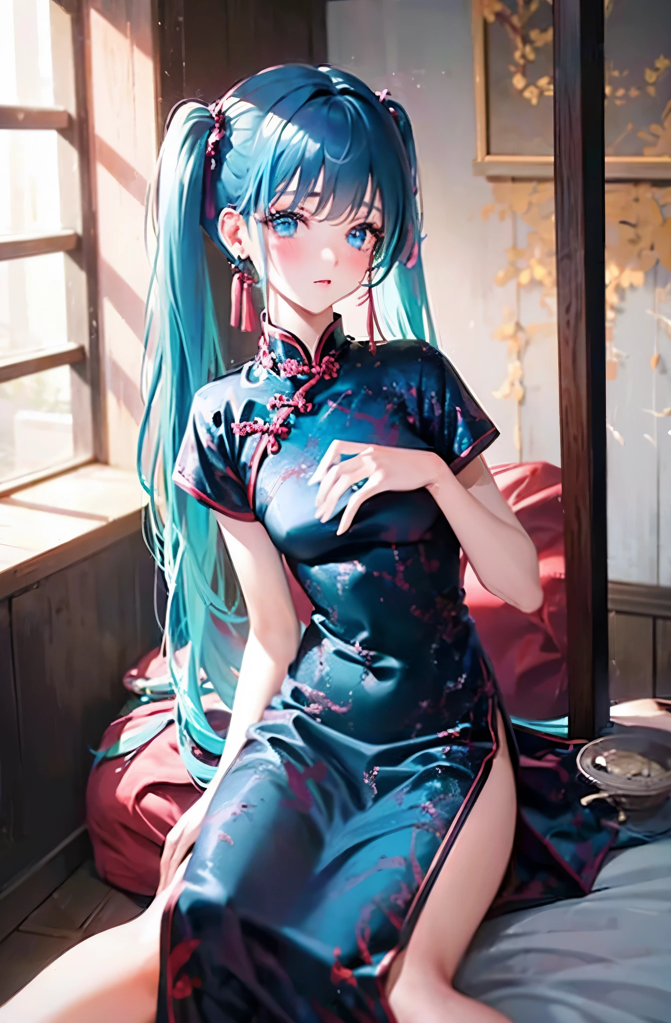 China dress、bright blue hair、８K, highest quality, masterpiece, super detailed、bright blue hair、medium long hair、twin tails、young face、17 years old、full lips、Pale blue eyes、、blush、lipstick、medium breasts、perfect hands、detailed hands、、random pose、China dress、Bedroom、lie down on the bed、