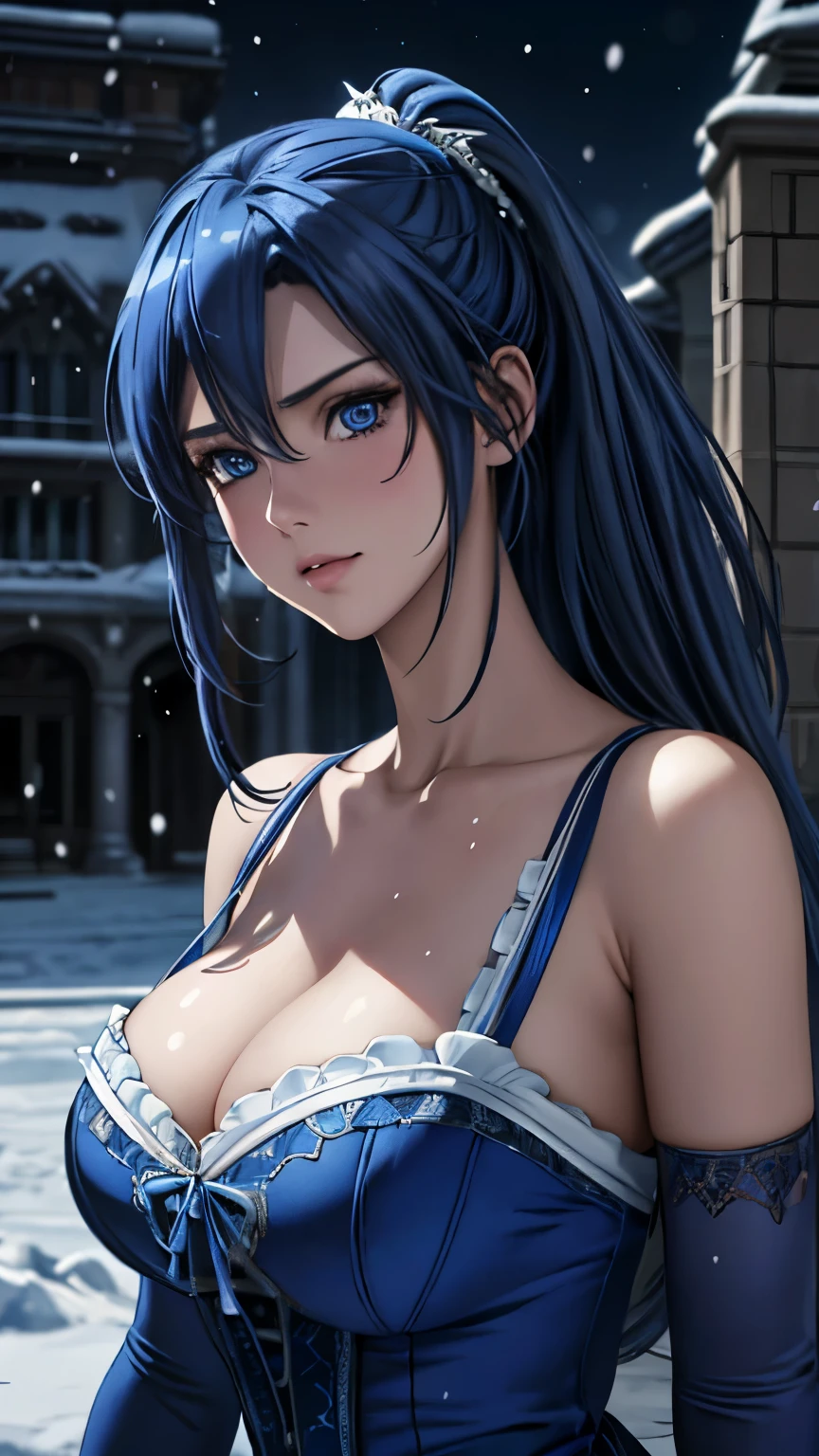 blue eyes, (highest quality, masterpiece painting:1.3), immature woman, s old, (half body shot), masterpiece, ultra high resolution, (Photoreal:1.0), blue hair, side ponytail, straight hair, beautiful shining hair, white and shining skin, ((Ultra realistic details)), octane rendering, highly detailed face, (big breasts:0.8), ((Heart with both hands:1.0)), She wears stunning costumes inspired by Belle Époque style, flowing blue dress decorated with lace and ribbons, (clothing: blue belle époque dress with lace and ribbons),cleavage, perfect body, soft skin, anime face, perfect face, perfect eyes, looking at the viewer, smart, snow scene, ((snow falling)), ((fantastic night)), ((outdoors)), sharp focus, intricate details, professional artwork, (bright colors:1.1), bright colors, diffused lighting, digital blending, ultra-definition body, ultra detail hair, super detailed face, that'It's trending on pixiv, top button open, Cute gaze, compensate, perfect lips, perfect compensate, Ultra-precision coating, (light_smile:0.8), (Very embarrassed:1.2), blush your nose,
