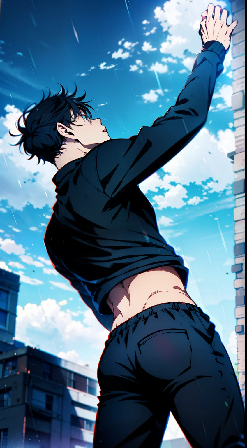 tmasterpiece,Need,ultra high resolution,(with short black hair),Handsome man,Sportswear,athletic sneakers,shorter pants,very heavy rain,(Looking Up The Sky)