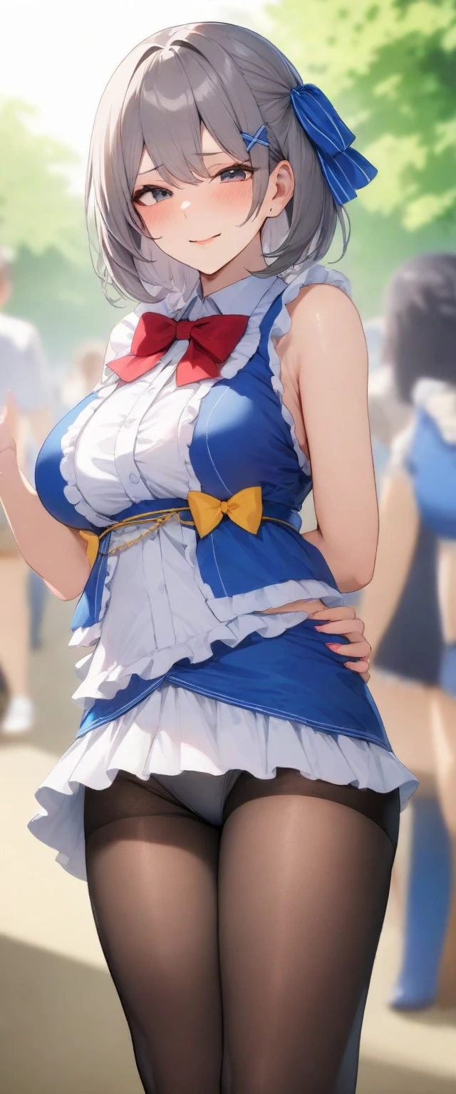 masterpiece, best quality, very aesthetic, absurdres, mature female, (school festival frilled costume:1.3),(mini skirt:1.3), zettai ryouiki, bow tie, hair ribbon,
(button gap:0), sleeveless, cuffs, tights
