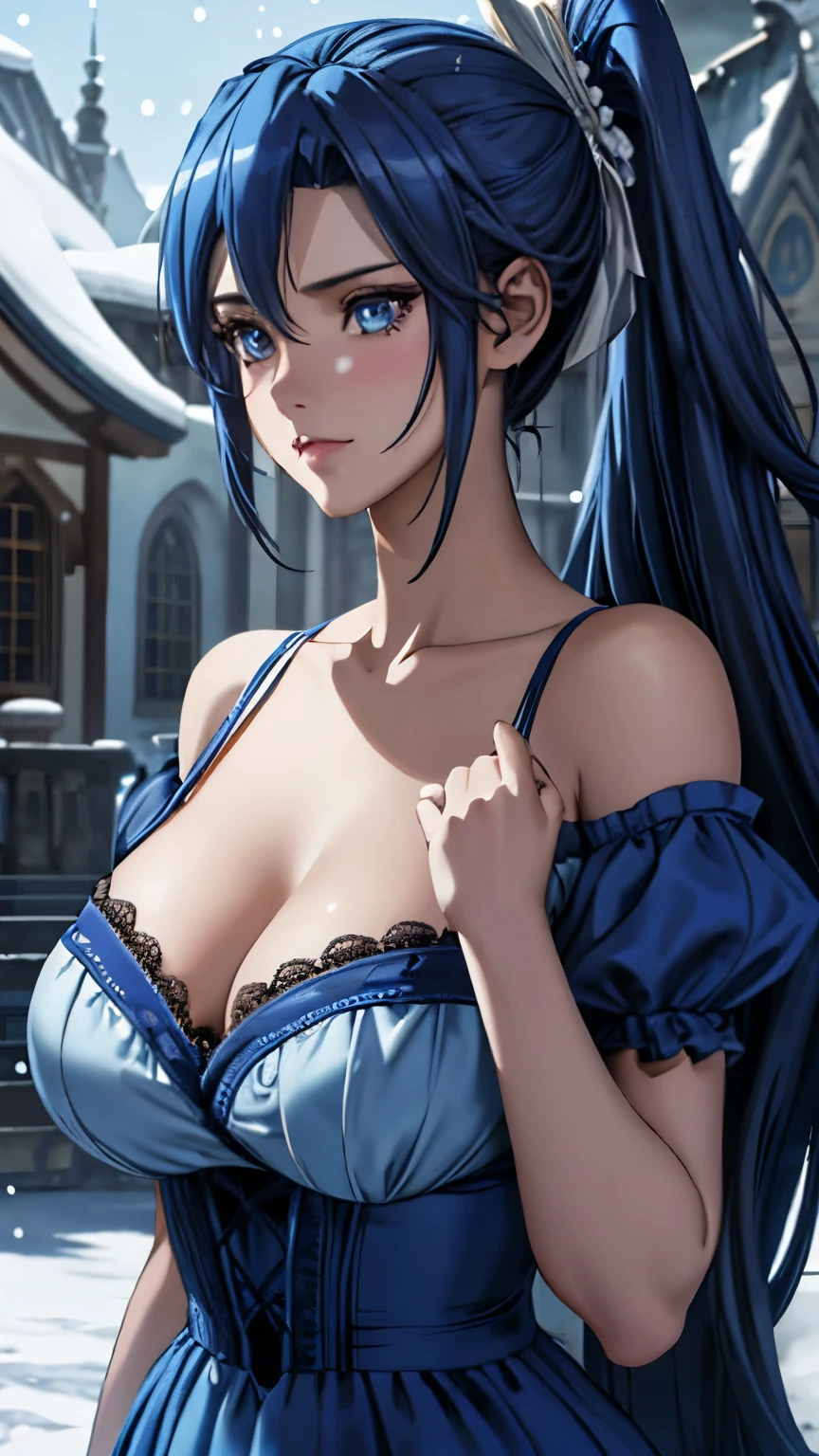 blue eyes, (highest quality, masterpiece painting:1.3), immature woman, , (half body shot), masterpiece, ultra high resolution, (Photoreal:1.0), blue hair, side ponytail, straight hair, beautiful shining hair, white and shining skin, ((Ultra realistic details)), octane rendering, highly detailed face, (big breasts:0.8), ((Heart with both hands:1.0)), She wears stunning costumes inspired by Belle Époque style, flowing blue dress decorated with lace and ribbons, (clothing: blue belle époque dress with lace and ribbons),cleavage, perfect body, soft skin, anime face, perfect face, perfect eyes, looking at the viewer, smart, snow scene, ((snow falling)), ((fantastic night)), ((outdoors)), sharp focus, intricate details, professional artwork, (bright colors:1.1), bright colors, diffused lighting, digital blending, ultra-definition body, ultra detail hair, super detailed face, that'It's trending on pixiv, top button open, Cute gaze, compensate, perfect lips, perfect compensate, Ultra-precision coating, (light_smile:0.8), (Very embarrassed:1.2), blush your nose,