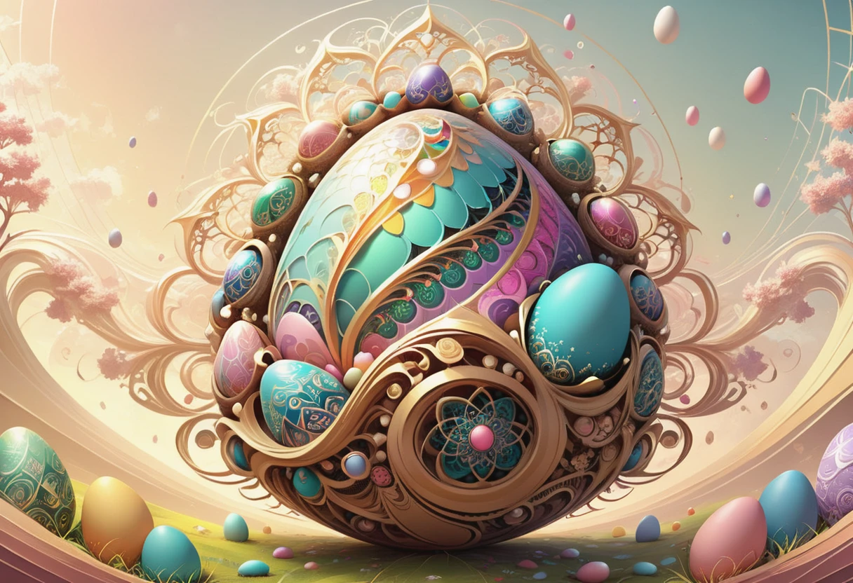 Fractal design art on the theme of Easter eggs. Zen art,Complex bizarre, vector illustration in two dimensions, simplicity of pastel hues, whimsical, dream-like aura, flat design strategy, main focus on the subject, intricate detailing, increased saturation, set amidst a captivating background, trending illustration format on ArtStation