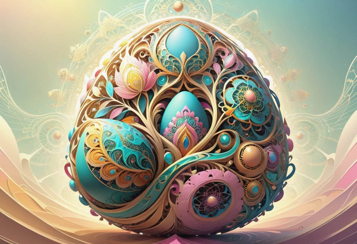 Fractal design art on the theme of Easter eggs. Zen art,Complex bizarre, vector illustration in two dimensions, simplicity of pastel hues, whimsical, dream-like aura, flat design strategy, main focus on the subject, intricate detailing, increased saturation, set amidst a captivating background, trending illustration format on ArtStation