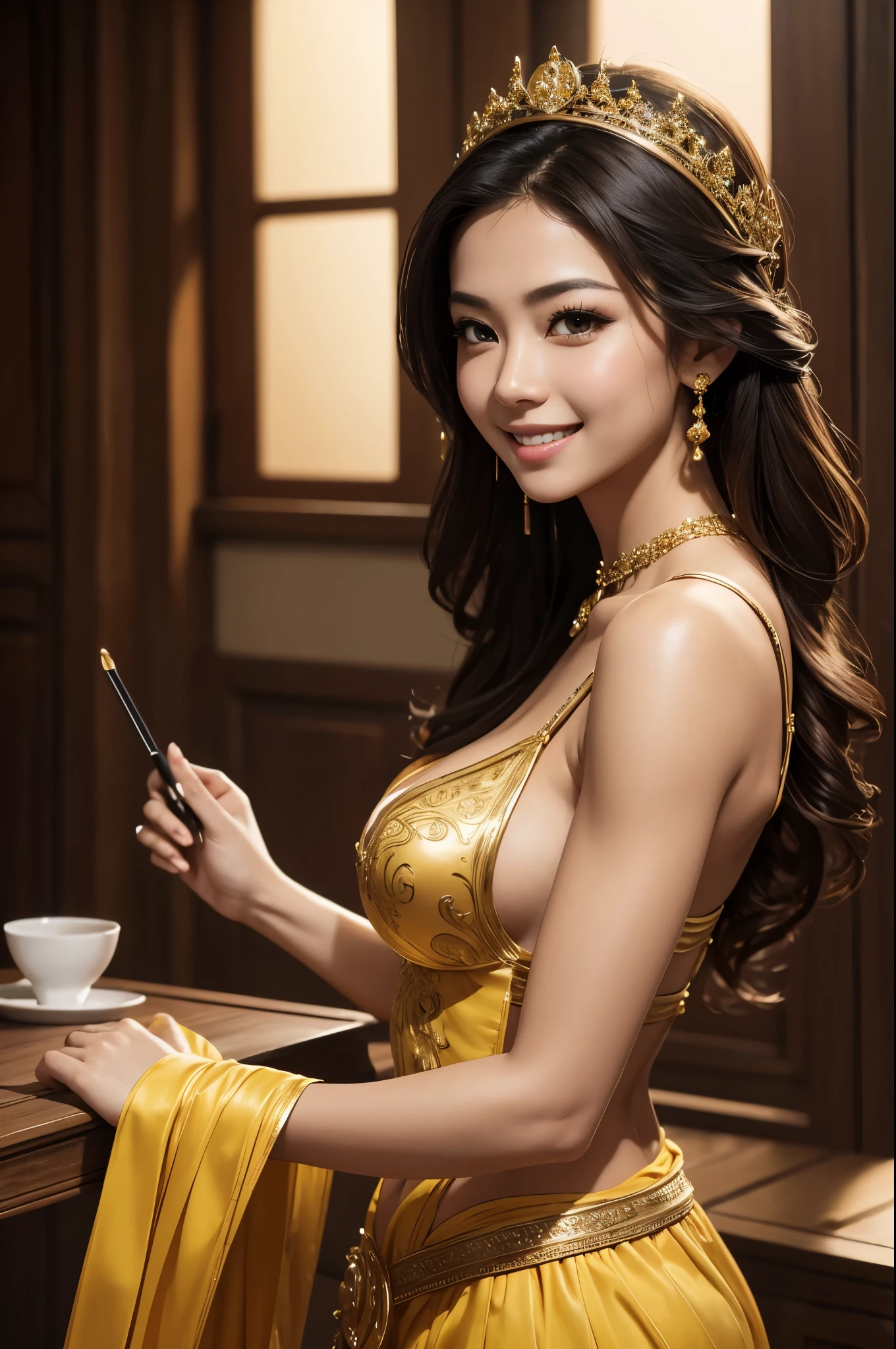 8K,exotic attractive woman,Super beautiful(like the real thing),National costume,beautiful expression,smile,masterpiece,Photorealistic RAW photos of the highest quality。bright colors,rich colors, Backlight, cinematic lighting, film grain, to be born, 50MM lens, Nikon D850,super realistic skin,fantasy art,character art,ultra high resolution,realistic scale skin,Perfect hand shape,view audience,smile,beautiful expression,Close-up,muscular slim body,Makeup,sexy,dynamic pose,Close-up,emphasize cleavage,