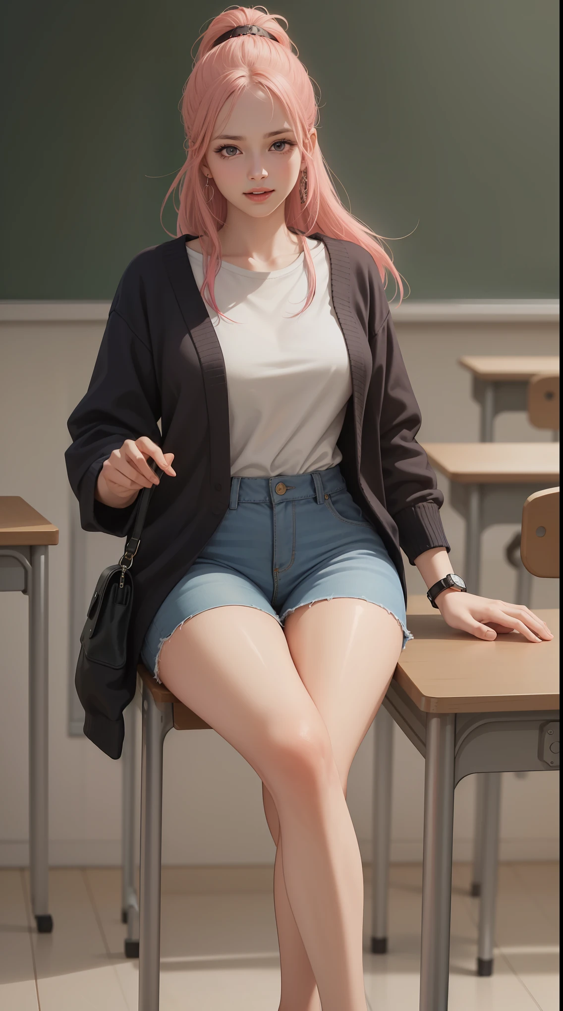 ((masterpiece, Best Quality, high resolution, Perfect Pixel, 8K))), ((1 girl、full body seen))、 ((Bangs、gorgeous pink hairs、ponytail、Rebecca from onepiece anime、two long hairs on side))、((Gorgeous eyes、Beautiful eyelashes、Realistic eyes))、 ((Detailed face, Blushing:1.2))、((Smooth texture:0.75, Realistic texture:0.65, Photorealistic:1.1))、Dynamic Angle、Perfect body、(perfectly insanely detailed eyes、Holding the handbag perfectly、playing with hairs、pink cheeks、((wearing a white shirt、black cardigan、long jeans、handbag、wearing a watch on left hand、earrings、in classroom、University blackboard、happy face、sitting and talking to audience happily、((legs crossed、gorgeously legs crossed))、eating candy))、mouth open、ultra realistic eyes、ultra insanely detailed eyes、talking to audience happily、beautiful black heels、(beautiful portrait、ultra high definition、 insanely detailed face、ultra high quality、ultra high clarity)、insanely detailed dress、curvy body、white skin、best clarity、ultra highest resolution、8k resolution、beautiful smile、beautiful eyelashes、gorgeous face、gorgeous representation of a face、perfect body、erotic look on face、dynamic lightning、(innocent_big_eyes:1.0)、Bright_Front_face_Lighting、shiny skin、bokeh:1.2、Full body shot、professional photograph、textured leather dress