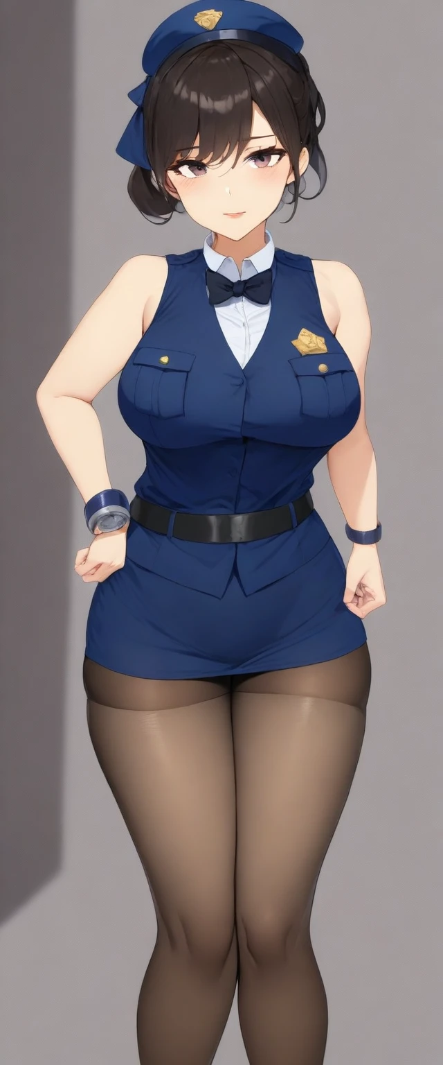 masterpiece, best quality, very aesthetic, absurdres, mature female, (police costume:1.3),(mini skirt:1.3), zettai ryouiki, bow tie, hair ribbon,
(button gap:0), sleeveless, cuffs, tights