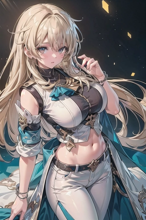 Ultra Detailed, 50mm, official art, unity 8k wallpaper, ultra detailed, aesthetic, masterpiece, best quality, photorealistic, 1girl, luocha, blonde hair, long hair, white coat, black shirt, white pants, blue ascot, blue armband, blue vest, narrow waist, dynamic pose, dynamic angle, ((big breasts) 1:1)