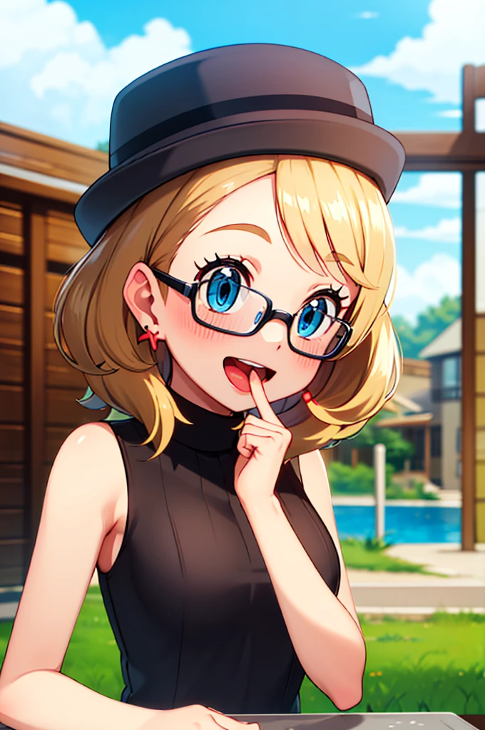 masterpiece, best quality, highres, 1girl, solo, blush, smile, short hair, open mouth, bangs, blue eyes, blonde hair, hat, jewelry, upper body, :d, earrings, outdoors, sky, sleeveless, day, tongue, shiny, cloud, hand up, water, blurry, vest, bare arms, eyelashes, turtleneck, border, happy, grass, sweater vest, sleeveless turtleneck, grey headwear, glasses