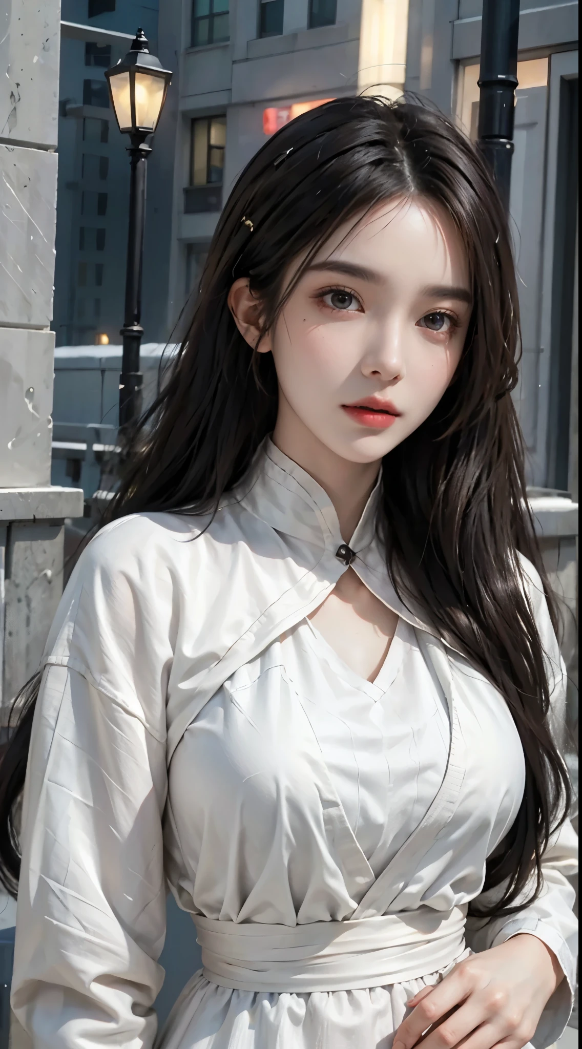 lifelike, High resolution, 1 female, alone, Hips raised, look at the audience, (Detailed face), Colorful streetwear, Jacket, dress, , winter night，Highly detailed facial and skin textures, delicate eyes, double eyelids，surreal，Super real photos，美丽delicate eyes，black hair，bohemian long hair，There is light on the face, movie lighting，illustration, Very detailed，Level verbose, High resolution, Very detailed, best quality, masterpiece
