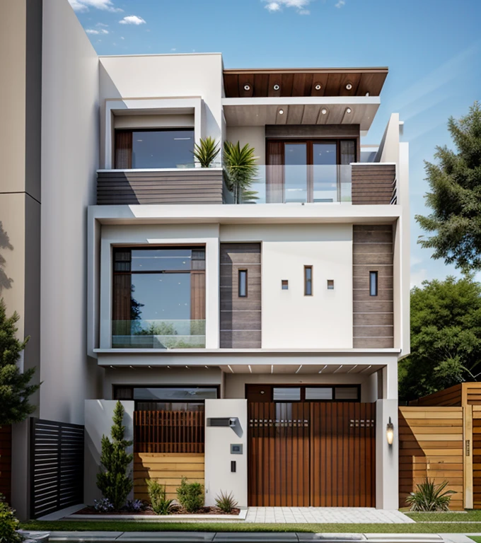 (masterpiece),(high quality), best quality, real,(realistic), super detailed, (full detail),(4k),8k,modern house exterior design,Modern architecture,Beautiful_sky,Day light, no_humans, outdoors,sky,tree,Garden flower front of building