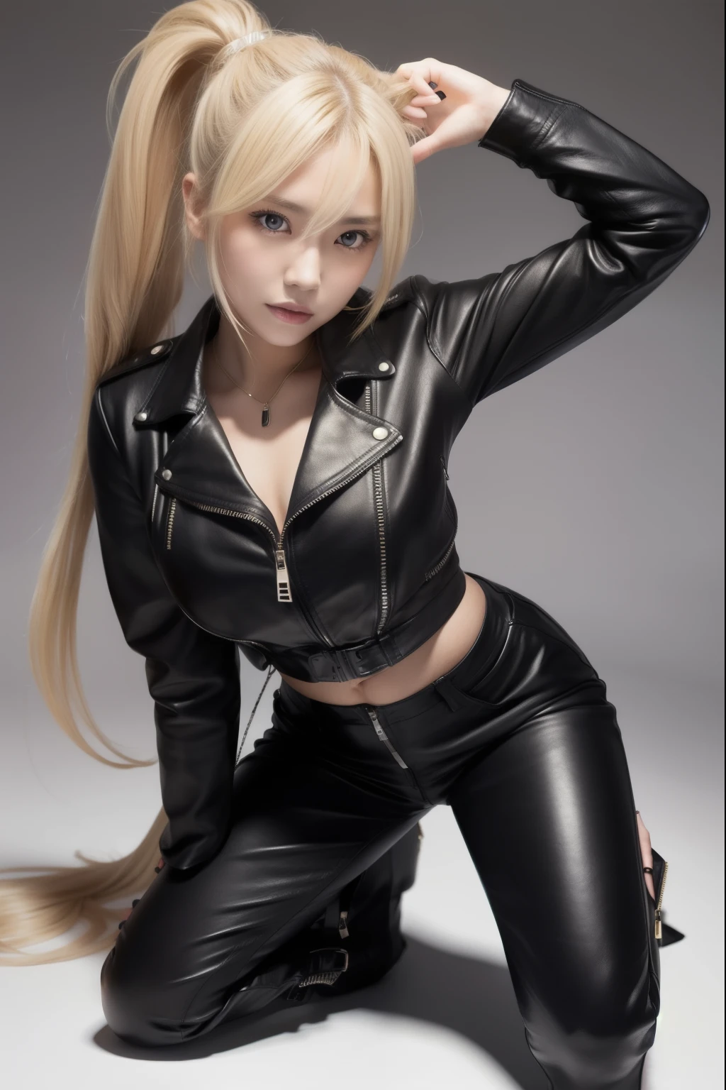 Japanese 20age woman, full body, no nude very very huge breasts, hair color is blond, ponytail hair, closing black leather jacket zipper of the leather jacket, black leather flared pants, full leather