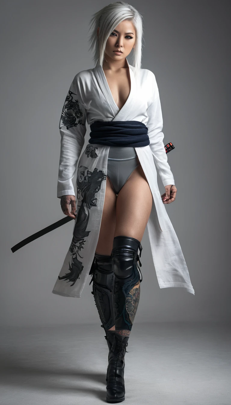Beautiful white-haired tattooed shinobi girl, full-length, professional photo, soft lighting, ultra realism, high resolution, high detail, realism,