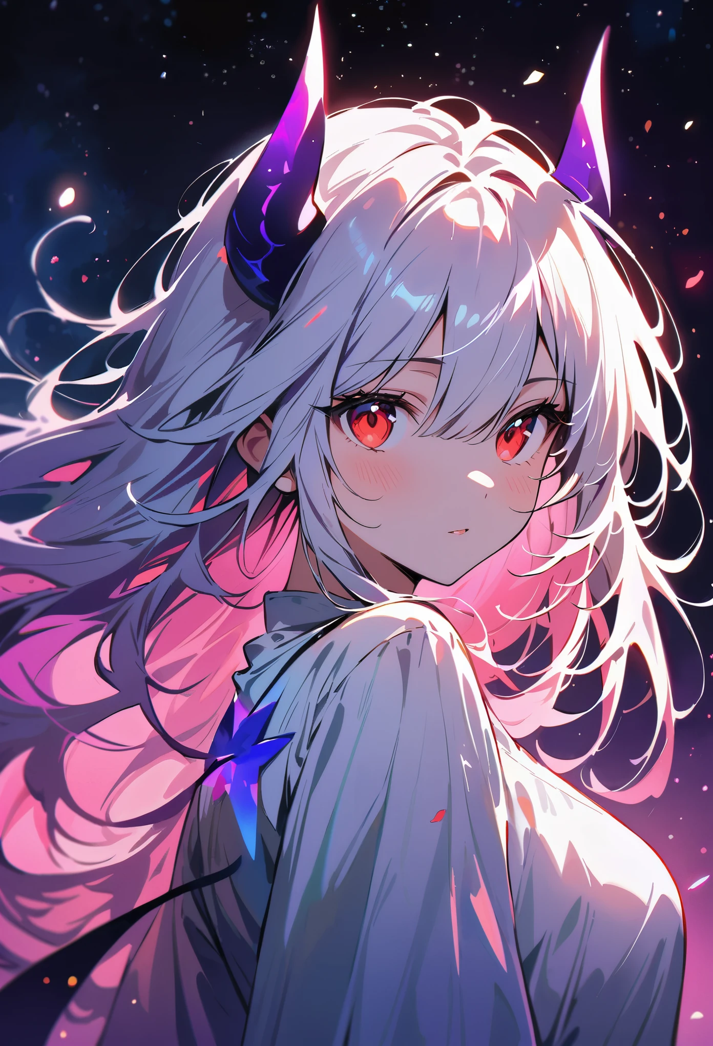 (best quality, masterpiece:1.2), 1girl, red eyes, white long hair,white dress, Purple 2horns on head, Purple demon tail, gaze at the stars, cinematic lighting effects, particle light effects, portrait, ethereal colors, surreal atmosphere, delicate brushwork, dream-like scenery