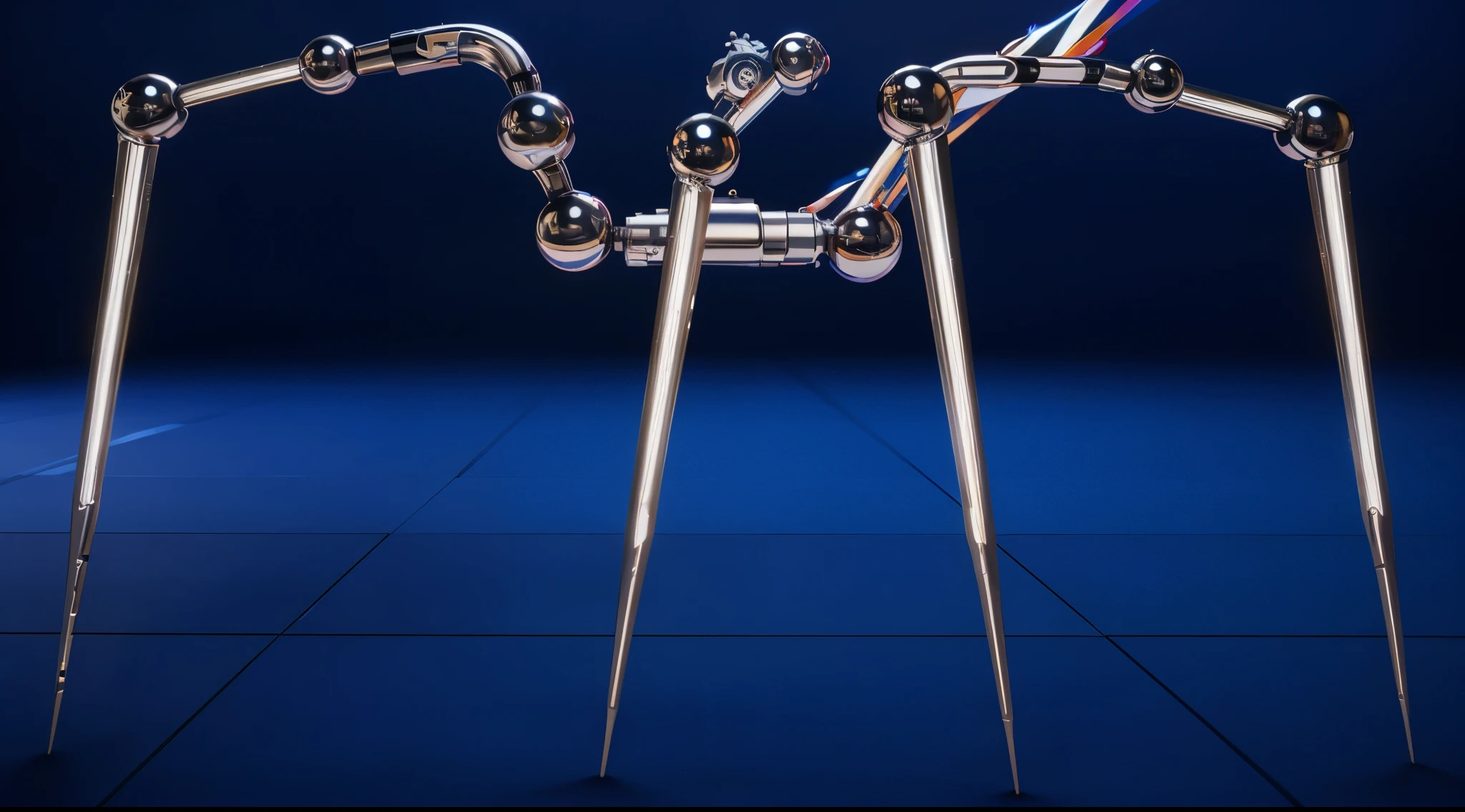 The image depicts a close-up of a large, metallic spider-like robot with six legs and a body that resembles a combine harvester. It stands on a blue floor and is facing a red wall.cartoon key frame rendering, cute 3D rendering, Shiny metallic, zbrush color rendering. perfect cgi, cgi art created only with gradients, smooth silhouette, high intensity refraction, (plastic material), most beautiful vfx, blue background, plastic refractions, glossy texture, smooth 3d model, multiple light sources, rim light, sharp post effects render, (glossy plastic texture with multiple big light probe refractions), perfect cgi, cgi art created only with gradients, smooth silhouette, high intensity refraction, (plastic material), most beautiful vfx, blue background, plastic refractionsмультяшная young woman в красной юбке и синей рубашке, Chucky style, animated character, dancing character, 3rd character render, April render, 3rd character art, 3rd character, 3D character, Cartoon character, young woman, creepy young woman, Chucky, 3D rendering of characters 8k, Tuni, 3D rendering stylized
