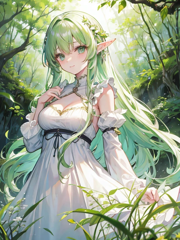 elvish、Looking at the camera、A smile、green fluffy long hair、Hair in the wind、Colossal 、cleavage、White Princess Dresses、Curtsey、in woods、lots of overgrown plants、