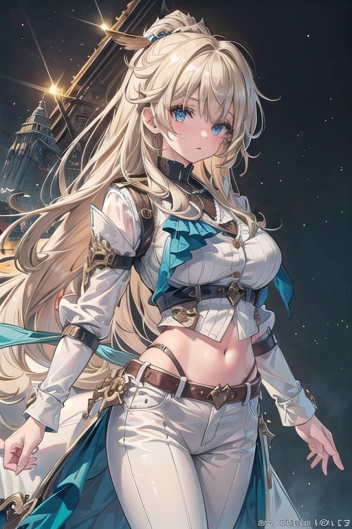 Ultra Detailed, 50mm, official art, unity 8k wallpaper, ultra detailed, aesthetic, masterpiece, best quality, photorealistic, 1girl, luocha, blonde hair, long hair, white coat, black shirt, white pants, blue ascot, blue armband, blue vest, narrow waist, dynamic pose, dynamic angle, ((big breasts) 1:1) , ((blue-eyes))