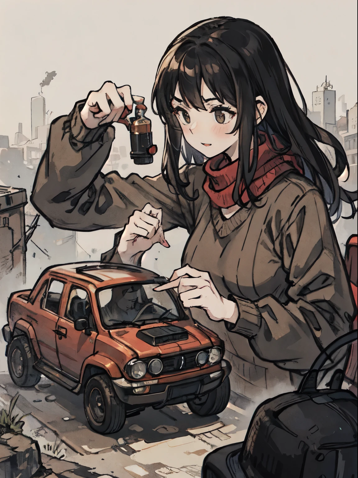 A woman wearing a brown sweater holds a toy car in her hands. men black suit red scarf Both have black hair holding hands 