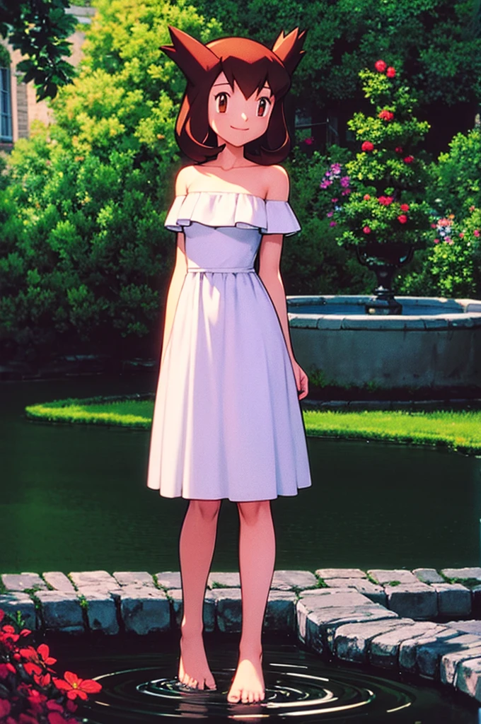 masterpiece, best quality, ultra-detailed, illustration, beautiful detailed eyes, very detailed illustration, cinematic lighting, 1 girl, solo, Pokemon Heroes (Bianca), Brown Hair, brown eyes, bare shoulders, strapless, off shoulders, white ruffle off the shoulder top, white maxi dress, intricate details, sharp focus, high resolution, the background of beautiful garden with a forest of flowers, on a beautiful night, full moon, smile, standing near a water pool on the bottom, arms behind back, anime style, ultra-detailed, hdr, far at the bottom, in the center, Close up