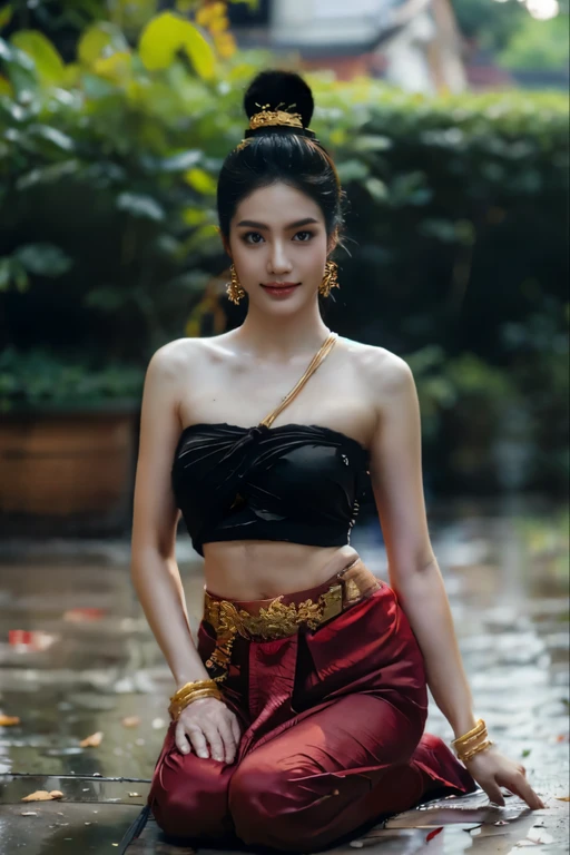 arafed woman in a black top and red pants sitting on a wet ground, traditional beauty, beautiful oriental woman, anime thai girl, beautiful asian woman, an asian woman, sukhothai costume, asian woman, photo of a beautiful woman, portrait of modern darna, captivating and enticing, a young asian woman, gorgeous chinese model, beautiful asian girl