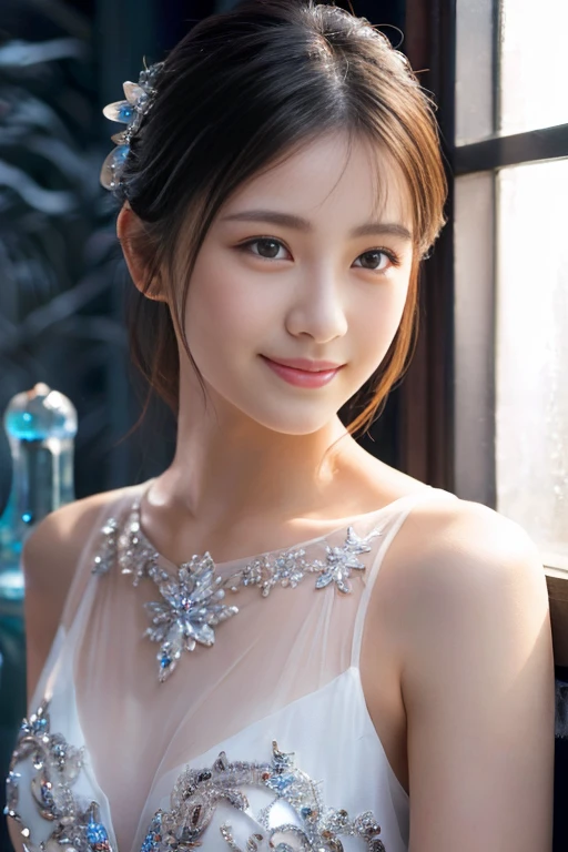 ((table top:1.4, highest quality)), (realistic pictures:1.4), 
((1 girl)), 
(超High resolution:1.2), very delicate and beautiful, wonderful, 
Highly detailed CG Unity 8K wallpaper, Super detailed, High resolution, soft light, 
beautiful detailed girl, highly detailed eyes and face, beautifully detailed nose, beautiful and detailed eyes, 
(Wearing dressed up clothes:1.4),
cinematic lighting, perfect anatomy, slender body, thin chest,
(Ice castle guest room, Ice Room, ice furniture:1.3), (ice World, ice clarity, The beauty of light refracting through ice:1.3),
cowboy shot, looking at the viewer, smile
