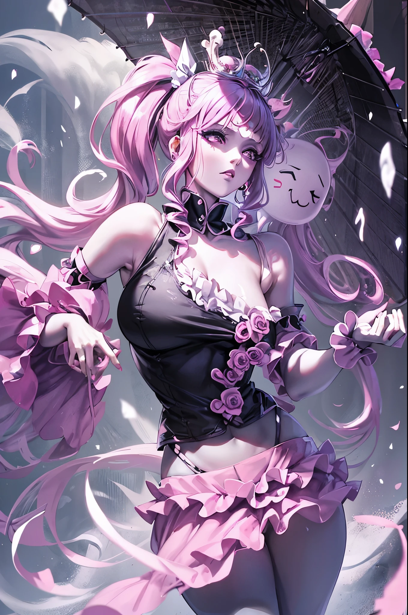 one piece ghost princess perona, ghost and sakura aura, holding a cute umbrella, black pink gothic outfit, hair tied into two curly pigtails with black and white flower hairpins, perfect body shape, wearing black top hat with ribbon, masterpieces, light make up, ghost effect, best lighting, ultra sharp