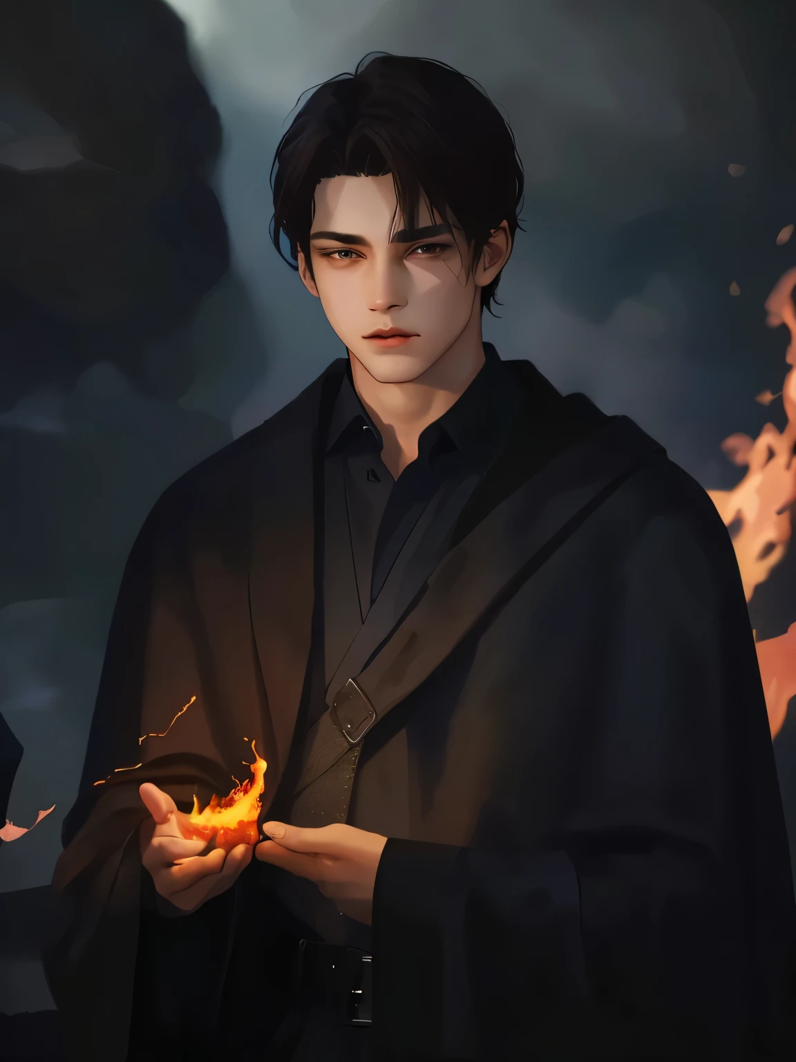 A young man, young fire mage, ((16 years)), black raincoat, Holds fire in hand, dark background, fire all around, magic огня, magic, Beautiful ((Brown hair, Dark eyes)), detailed face, Detailed clothing, masterpiece, highest quality
