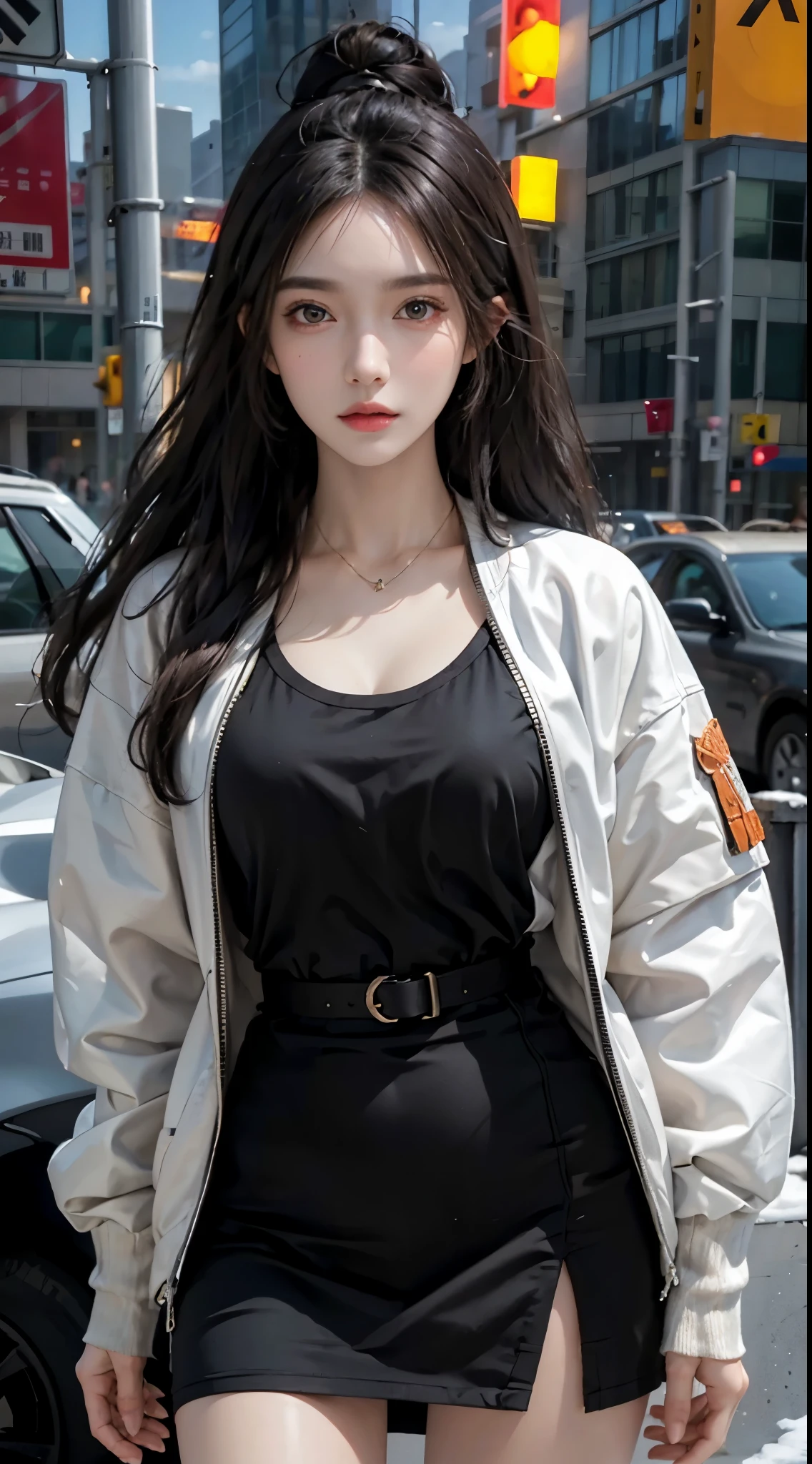 lifelike, High resolution, 1 female, alone, Hips raised, look at the audience, (Detailed face), Colorful streetwear, Jacket, dress, , winter night,Highly detailed facial and skin textures, delicate eyes, double eyelids,surreal,Super real photos,美丽delicate eyes,black hair,bohemian long hair,There is light on the face, movie lighting,illustration, Very detailed,Level verbose, High resolution, Very detailed, best quality, masterpiece