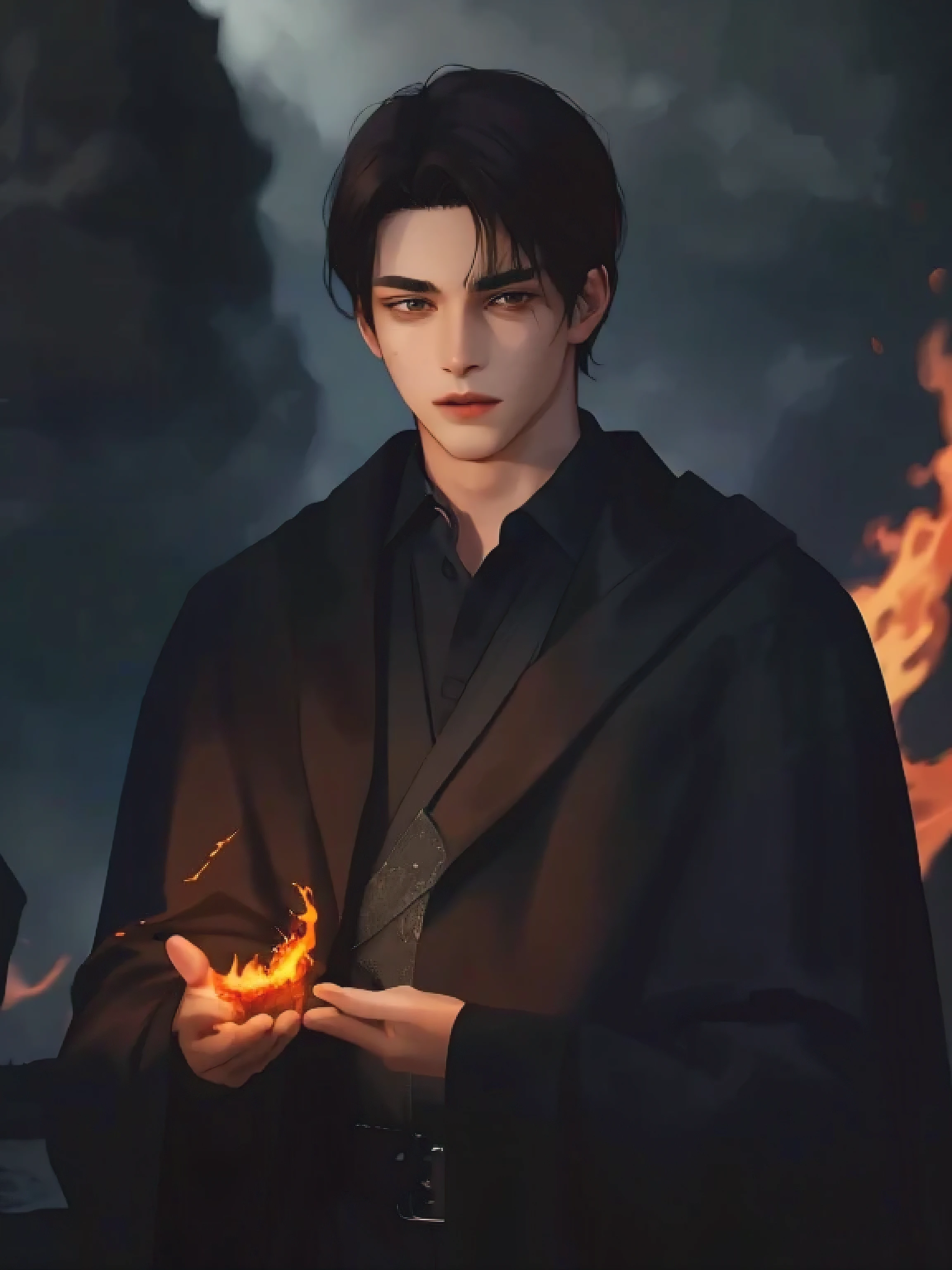 A young man, young fire mage, ((s)), black raincoat, Holds fire in hand, dark background, fire all around, magic огня, magic, Beautiful ((Brown hair, Dark eyes)), detailed face, Detailed clothing, masterpiece, highest quality