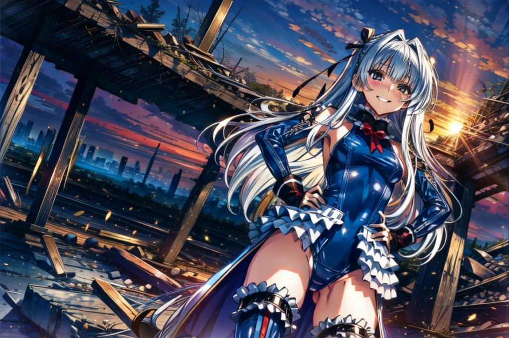 perfect anatomy, highest quality, rose,evil smile,provocative attitude
,(Girls greet dawn on top of a pile of rubble:1.1),evil smile,anime style,(ruffle swimsuit, Thighhighs, removed sleeve), (anime style:1.4) ,
silver hair,(white fingers:1.1,black gloves),very long hair,evil aura,(from below),put both hands on hips、s fallen in the background:1.4)
