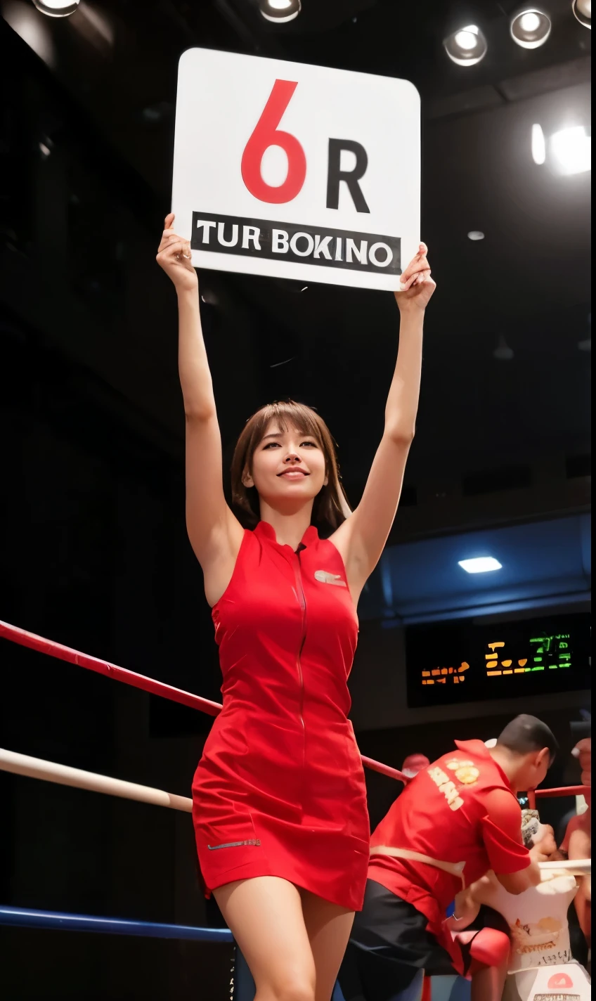 highest quality, masterpiece, 8k, ultra high resolution, (realistic: 1.4), 1 girl, beautiful face, symmetrical eyes, big, perfect body proportions, ((short bob hair))、((brown hair)), round girl、((Sleeveless and miniskirt dress:1.4)), ((round placard:1.5)), the gaze of the beholder, ((on the martial arts ring、blurred background)), look at camera、friendly smile、seems kind、cowboy shot
