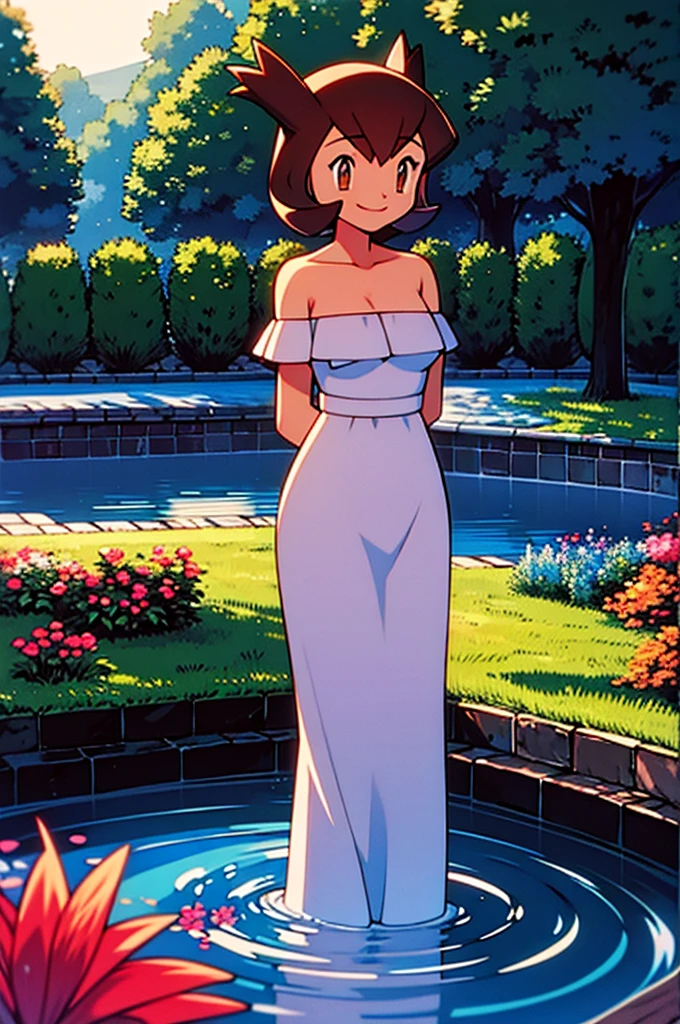 masterpiece, best quality, ultra-detailed, illustration, beautiful detailed eyes, very detailed illustration, cinematic lighting, 1 girl, solo, Pokemon Heroes (Bianca), Brown Hair, brown eyes, bare shoulders, strapless, off shoulders, white ruffle off the shoulder top, white maxi dress, intricate details, sharp focus, high resolution, the background of beautiful garden with a forest of flowers, on a beautiful night, full moon, smile, standing near a water pool on the bottom, arms behind back, anime style, ultra-detailed, hdr, far at the bottom, in the center, Close up