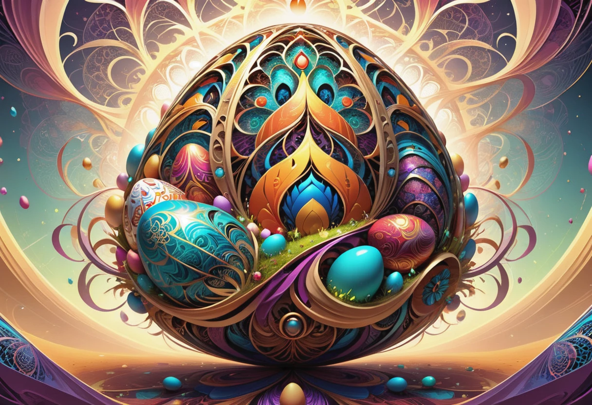 Fractal design art on the theme of Easter eggs. Zen art,Complex bizarre, vector illustration in two dimensions, Complexity of metallized saturated colors, whimsical, dream-like aura, flat design strategy, main focus on the subject, intricate detailing, increased saturation, set amidst a captivating background, trending illustration format on ArtStation