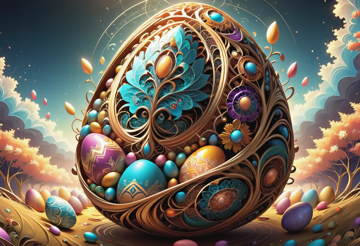 Fractal design art on the theme of Easter eggs. Zen art,Complex bizarre, vector illustration in two dimensions, Complexity of metallized saturated colors, whimsical, dream-like aura, flat design strategy, main focus on the subject, intricate detailing, increased saturation, set amidst a captivating background, trending illustration format on ArtStation