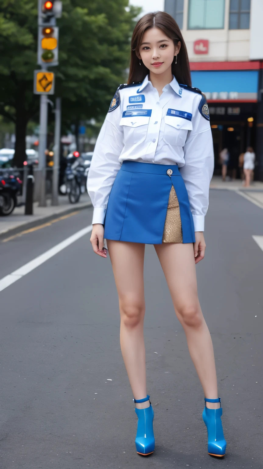 highest quality, masterpiece, 8k, ultra high resolution, (realistic: 1.4), 1 girl, beautiful face, symmetrical eyes, big, perfect body proportions, ((long hair))、((brown hair)), Mini Skirt Police、((blue police uniform、super mini skirt、high heels:1.4)), ((model standing:1.5)), the gaze of the beholder, ((on the road、blurred background)), look at camera、friendly smile、seems kind、cowboy shot