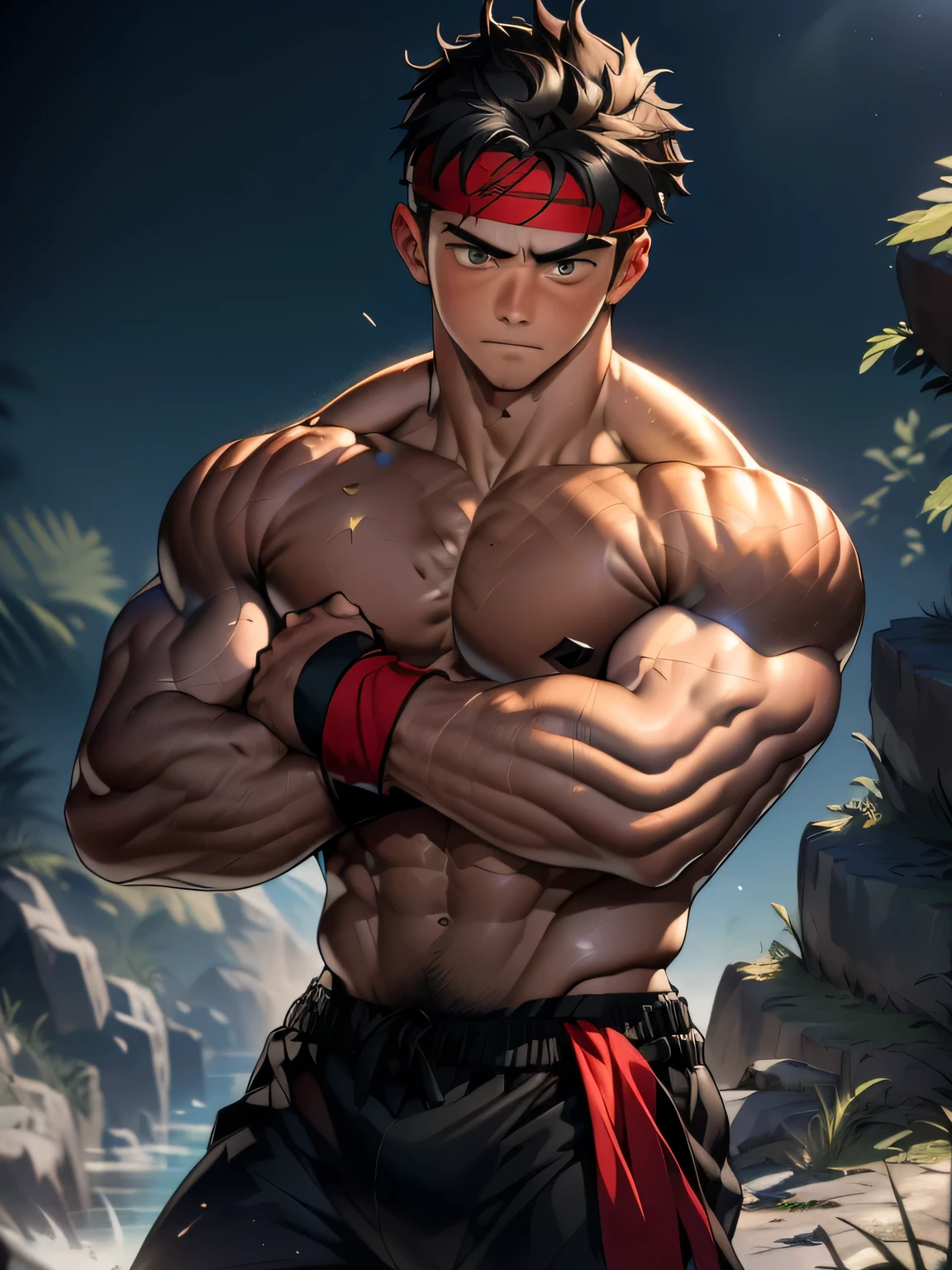 (Masterpiece, Best quality 18 year old boy, simple background, bust shot, looking away), solo, Young, boy, muscler, full bodyesbian, Shirtless, topless, (Dark Short straight hair, under cut, brown eyes), (torn cloth, red headband, ((black wristband))), Vivid colors, (hot Abs, big breast, chest muscle, upper arms), (topless male), closed mouth, tight muscler body, ((epic martial arts pose, guard pose)), super saiyajin azul