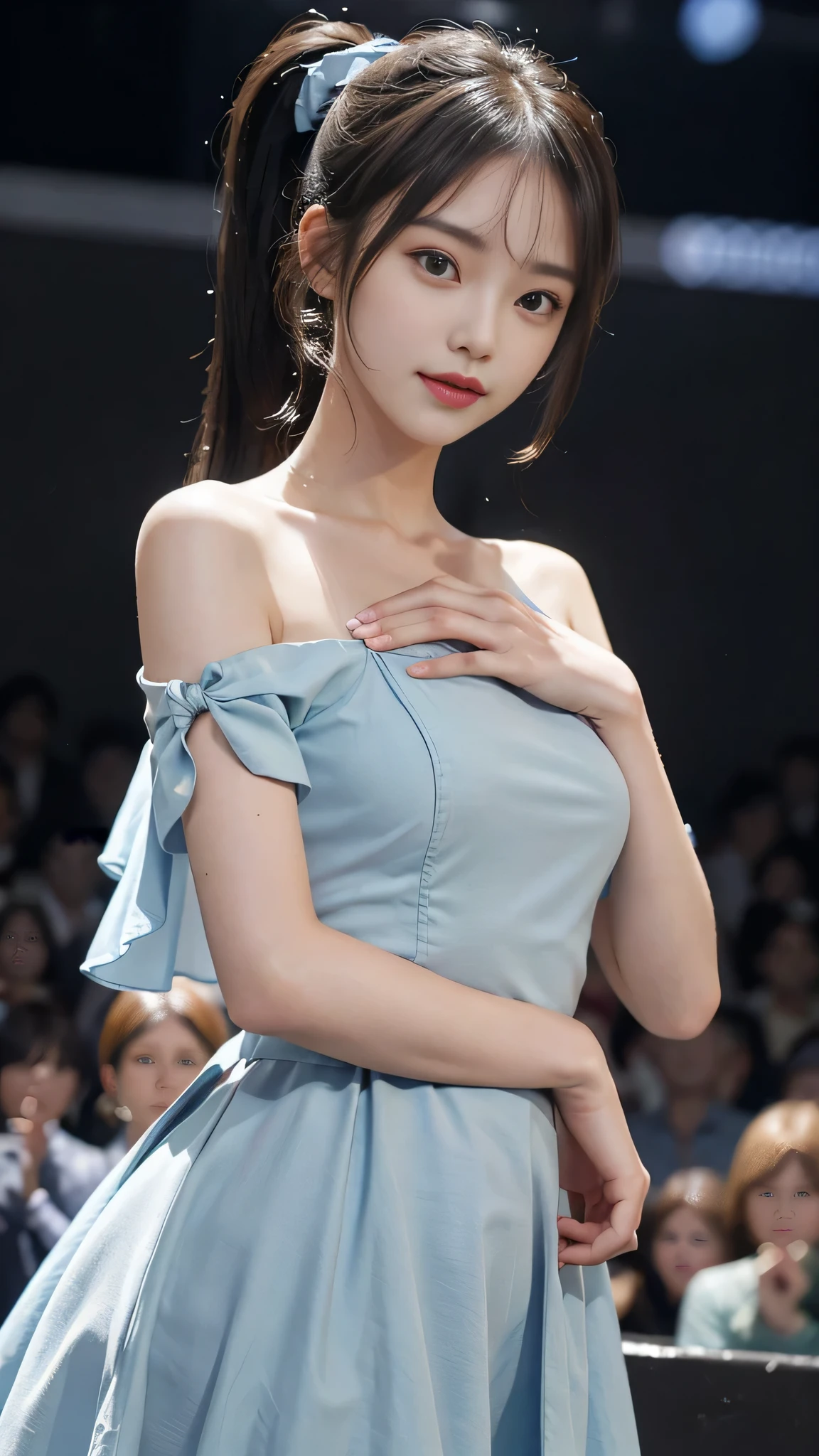 not showing one's feet,standing on stage singing,Blue colored long dress with lots of ruffles,One woman,masutepiece, The highest image quality, High quality, the background is clear,Beautiful woman, Japanese, Detailed, Detailed eyes, Detailed skin, Beautiful skin, 超hight resolution, (reality: 1.4),Very beautiful woman, Slightly younger face, Beautiful skin, slender, (Ultra photo realsisim), (hight resolution), (8K), (Very detailed) (beautifully detailed eyes), (super detailed), (Detailed face), view the viewer, Fine details, Detailed face, Staring straight ahead, Staring straight ahead, photos realistic, Bright lighting, Professional Lighting, Black hair,poneyTail,a ,fifteen ye is ponytail,long ponytail hairstyle,slight smile,neat and tidy clothing,Beautiful Japanese KPOP idol photo, hair style is ponytail, my eyes are double and wide, baby face, smile and look ahead, slender, small breasts,close up face,Blue ribbon on head,