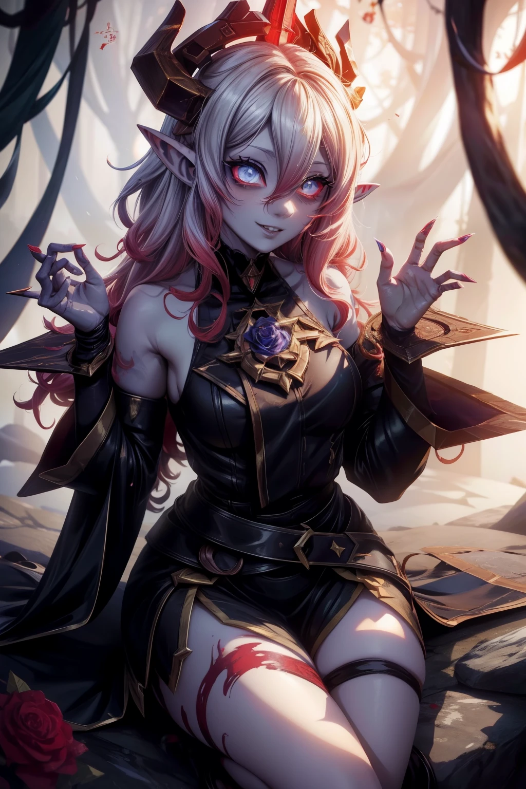 Anime elf demon from Yandere Simulator:
(best quality, highres:1.5), 1elf, detailed horns, beautiful pointy ears, flowing robes, intricately designed tattoos, glowing red eyes, long, wavy silver hair, holding a blood-red rose, expressing a seductive and enchanting smile, sitting on a moss-covered stone, half-lit by a moonbeam, falling leaves surrounding, late-night scene, soft shadows, extreme detail description, expressive eyes, captivating, alluring, mysterious, yandere, elven, fantasy, mythical creature, anime, enchanted, supernatural

The eth