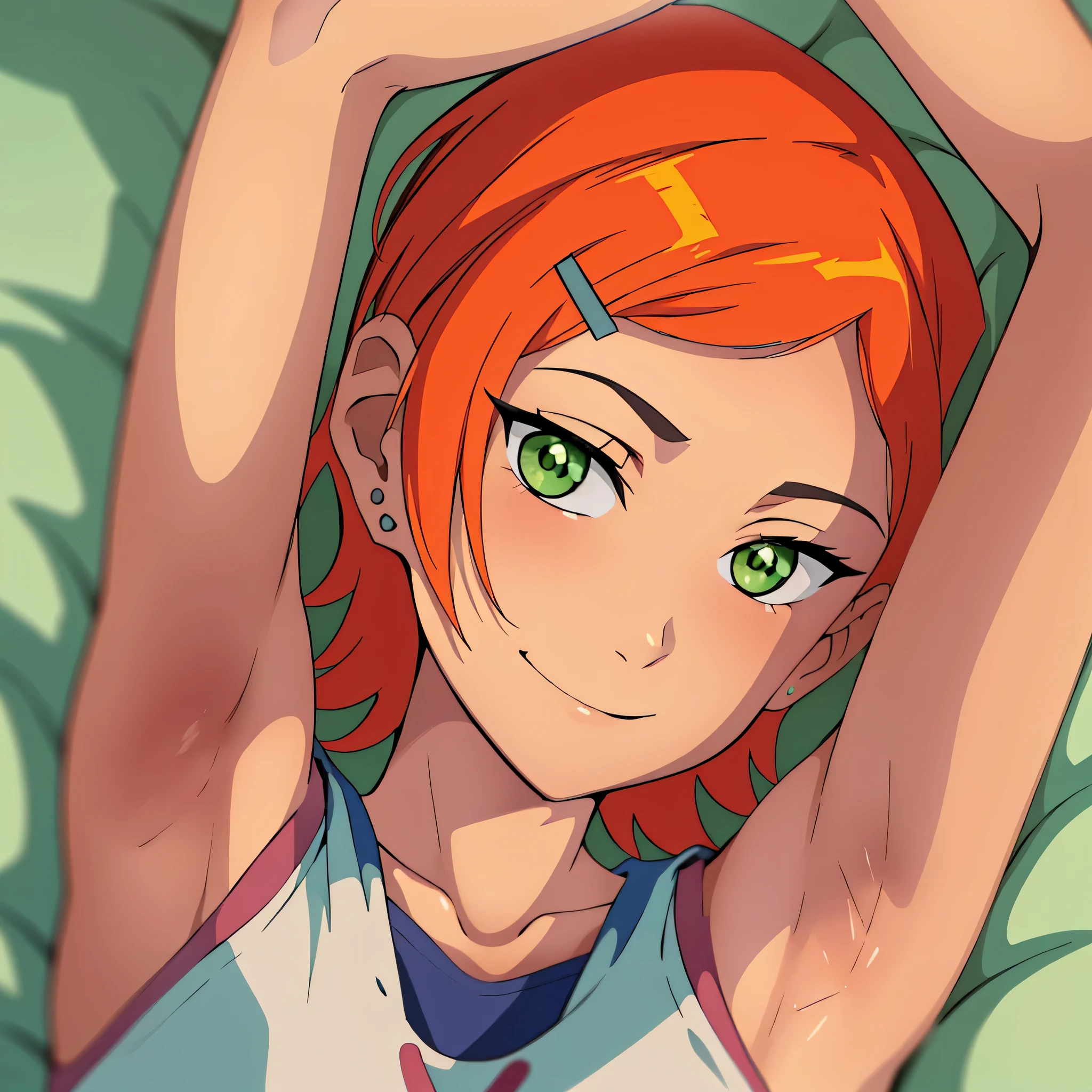 masterpiece, absurdres, hdr, soft light, best quality, detailed, highres, 1girl, solo, Ben 10, Gwen (Ben 10), Gwendolyn Tennyson, orange hair, green eyes, short hair, sleeveless shirt, bare shoulders, slender arms, small breasts, young, shiny skin, shiny hair, in the center, (up close:1.5), arms up, (arms above head:1.5), arms behind head, armpits, (armpits into viewer's face:1.5), (looking at viewer:1.5), (eye contact with viewer:1.5), lying on bed, lying on back, smile, closed mouth, (showing off armpits, sexy armpits)