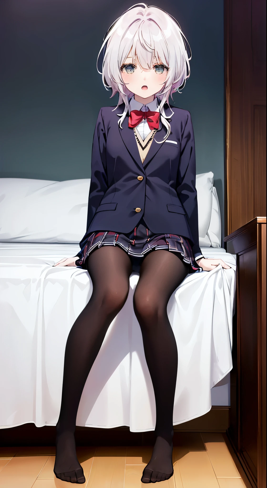 finest, masterpiece, High resolution, (Full body view from head to toe), Composition from the front and slightly below, symmetrical composition, Composition with accurate balance throughout the body、18 years old, slim and beautiful girl, alone, (small breasts), (not wearing shoes),messy hair, bangs, (black tights), (black pantyhose), (sitting on the floor with legs apart), (Pose with legs spread on the bed), tied up with both arms hidden behind the back, (Composition showing white panties), (her legs spread、I can see white panties.), (Open mouth with a pained expression), blush, shy big eyes, looking at camera, blazer uniform, plaid pleated skirt